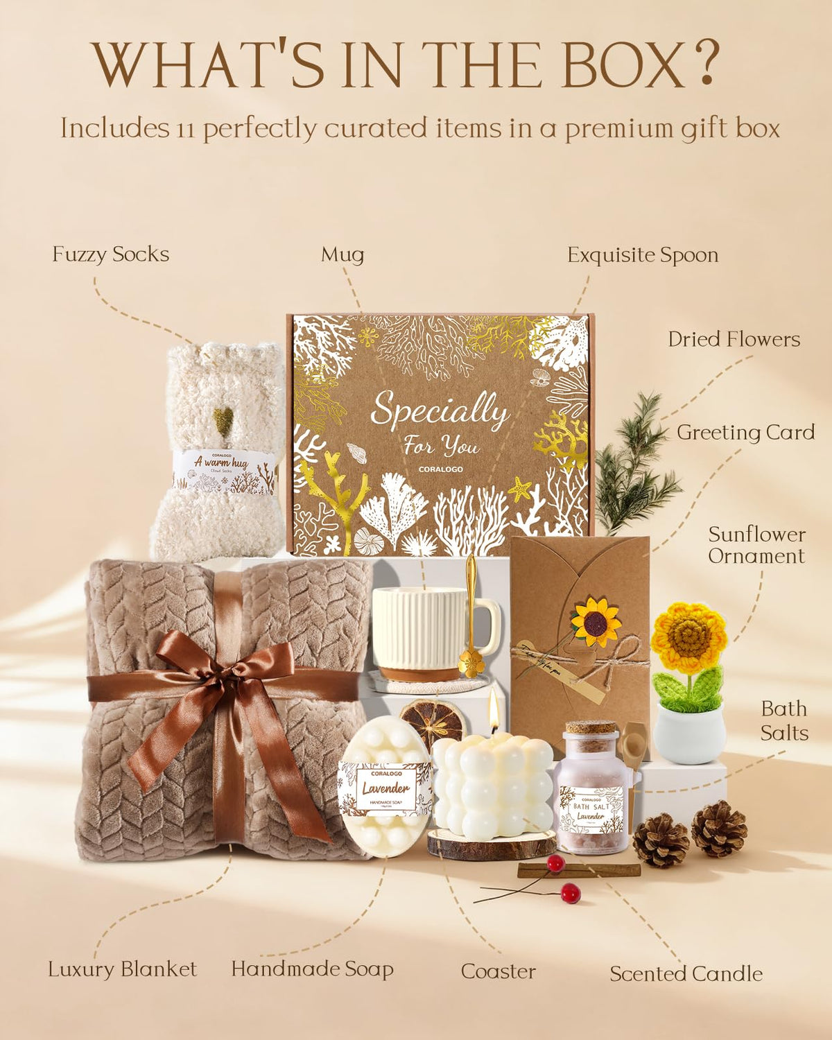 Coralogo 11pcs Spa Gift Baskets for Women, Sunflower Self Care Set, Brown – product photo (Sets &amp; Kits)