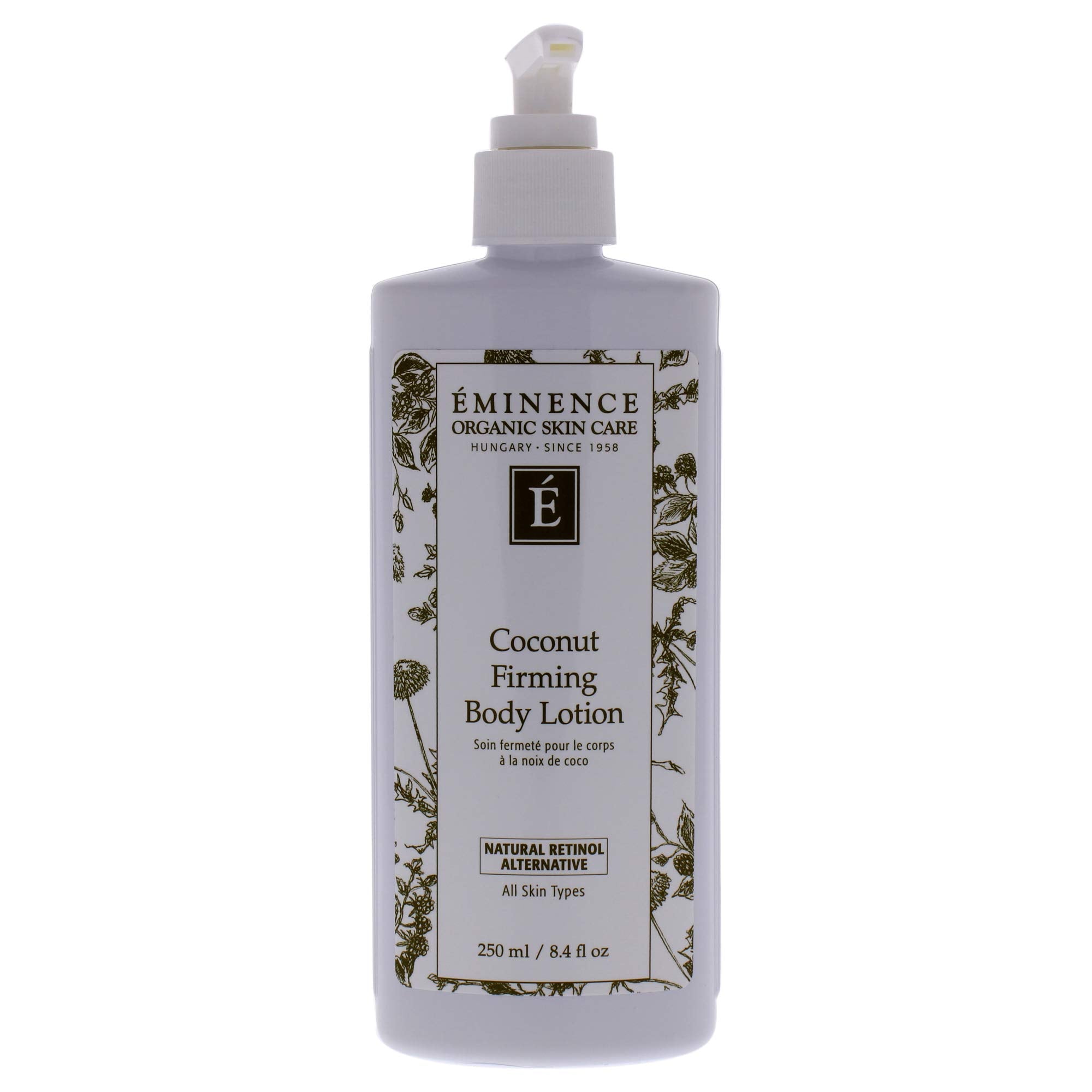 Eminence Organics Coconut Firming Body Lotion in an 8.4 oz bottle, showing the moisturizer and coconut-themed packaging.