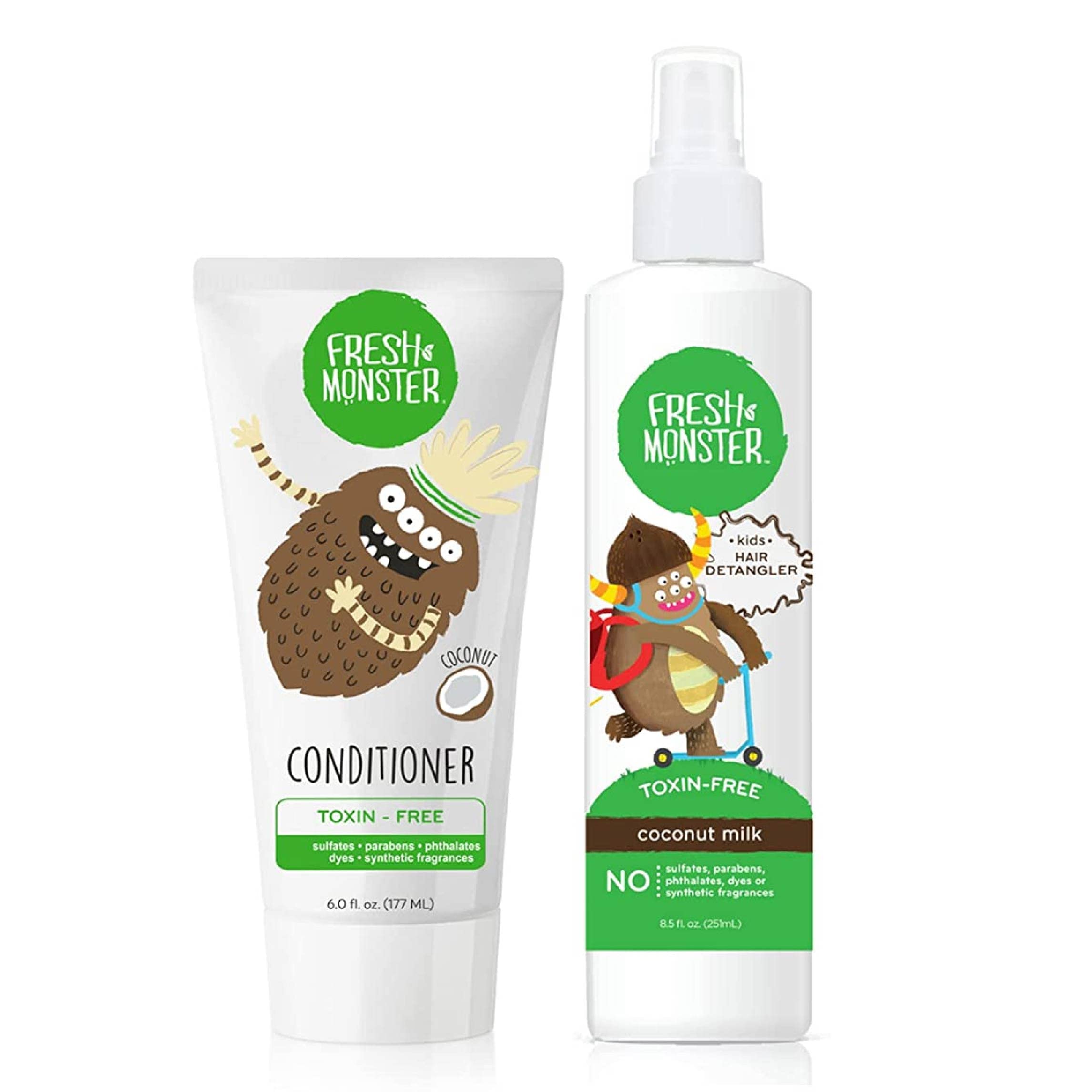 Fresh Monster kids coconut detangler and conditioner bundle, 8.5 oz and 6 oz bottles, for gentle hair cleansing and conditioning.