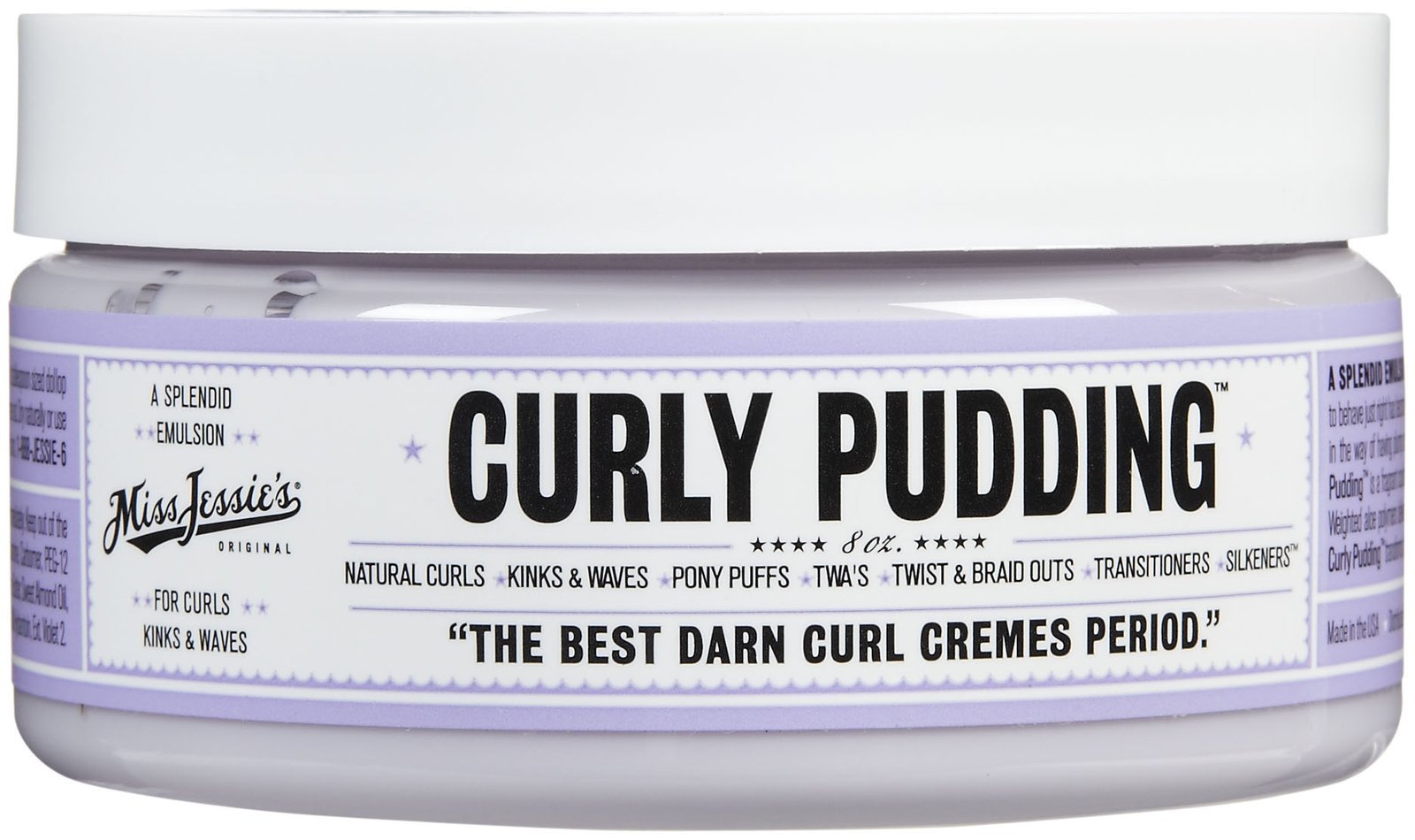 Miss Jessie's Curly Pudding in an 8oz lavender container, a hair styling agent for defining and moisture for curly hair.