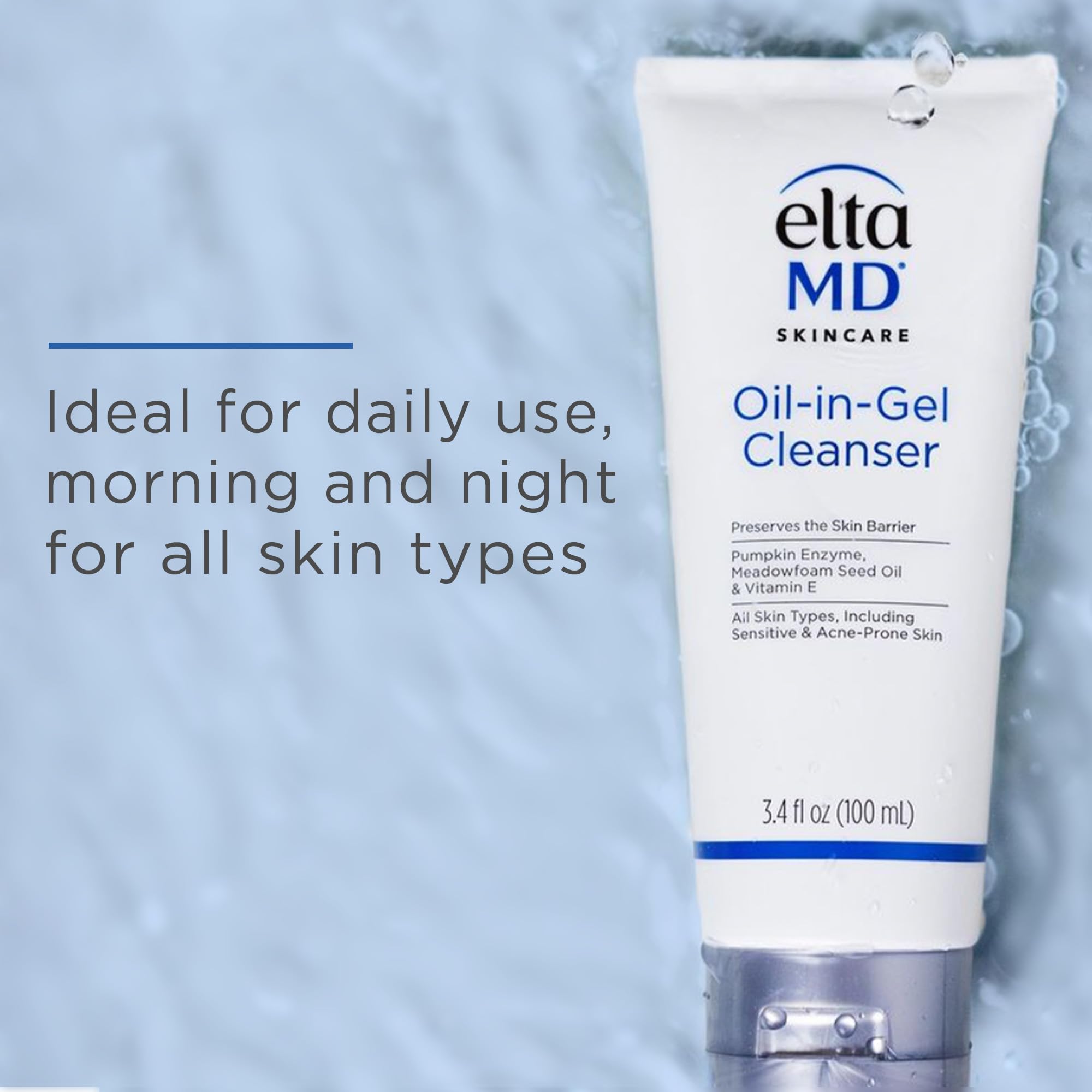 EltaMD Oil-In-Gel Face Cleanser for gentle makeup removal, 3.4oz, skincare product in a clear gel formula.