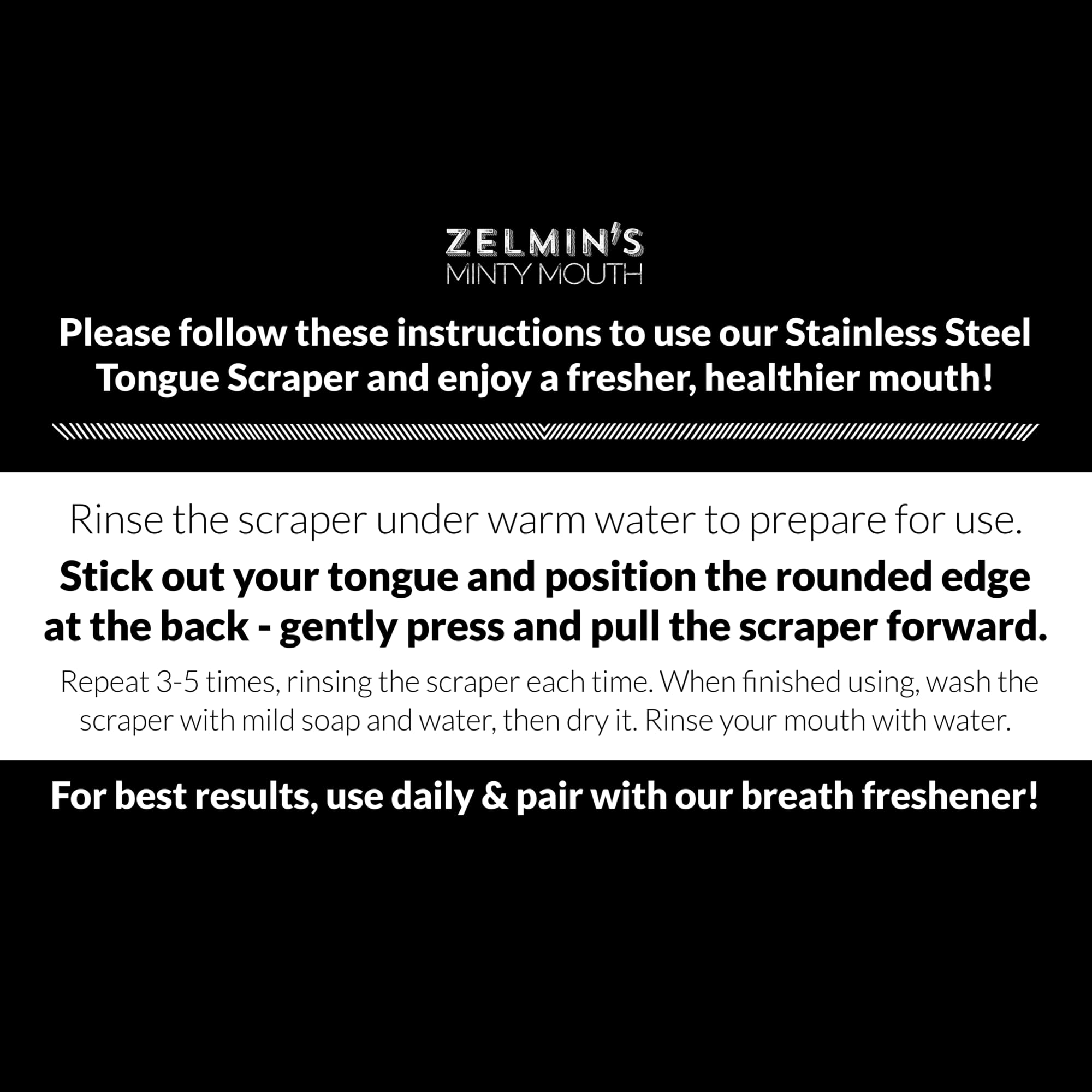 Zelmin's tongue scraper and breath freshening kit with natural wooden tongue cleaner and mint-flavored breath freshener.