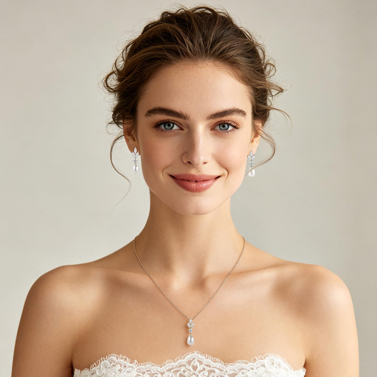 DENGGUANG Freshwater Pearl Jewelry Set for Women, White Pearl Pendant Necklace and Drop Earrings Set with Moissanite, We