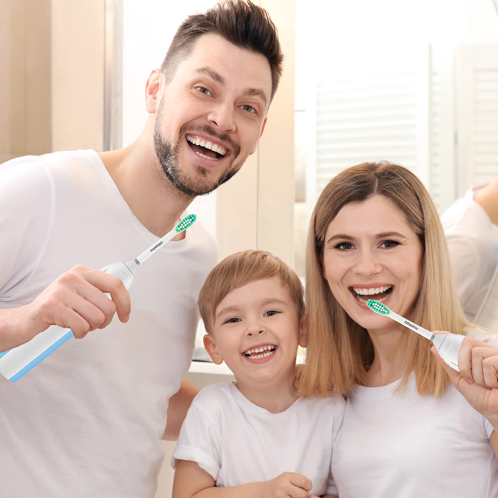 Ofashu replacement toothbrush heads for Philips Sonicare E-Series, showing compatible bristle design and cleaning tips.