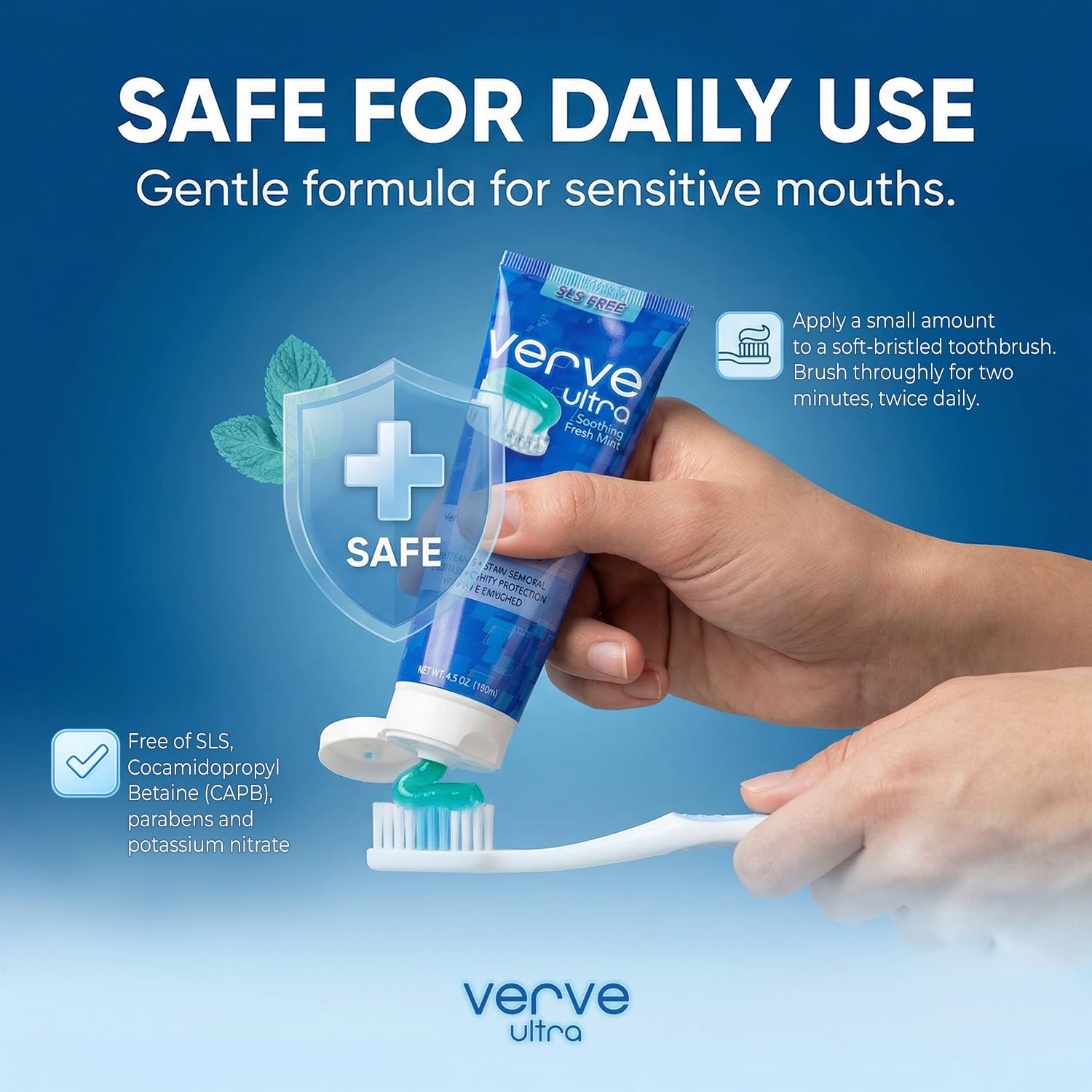 Verve Ultra SLS-Free Toothpaste with Fluoride Fresh Mint, SLS Free Toothpaste for Daily Use, Vitamin-E Enriched, Cruelty Free Cavity Protection, Made in USA, 4.5 oz