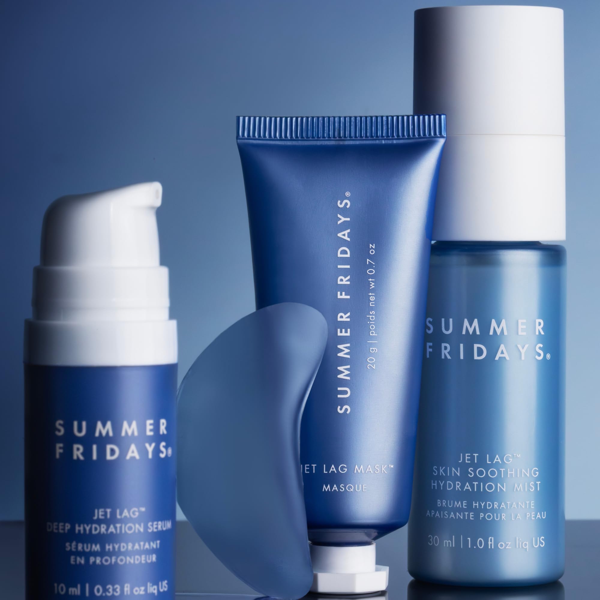 Summer Fridays Jet Lag™ skincare set with mini hydrating mask, eye patches, face serum, and hydration mist in travel size.