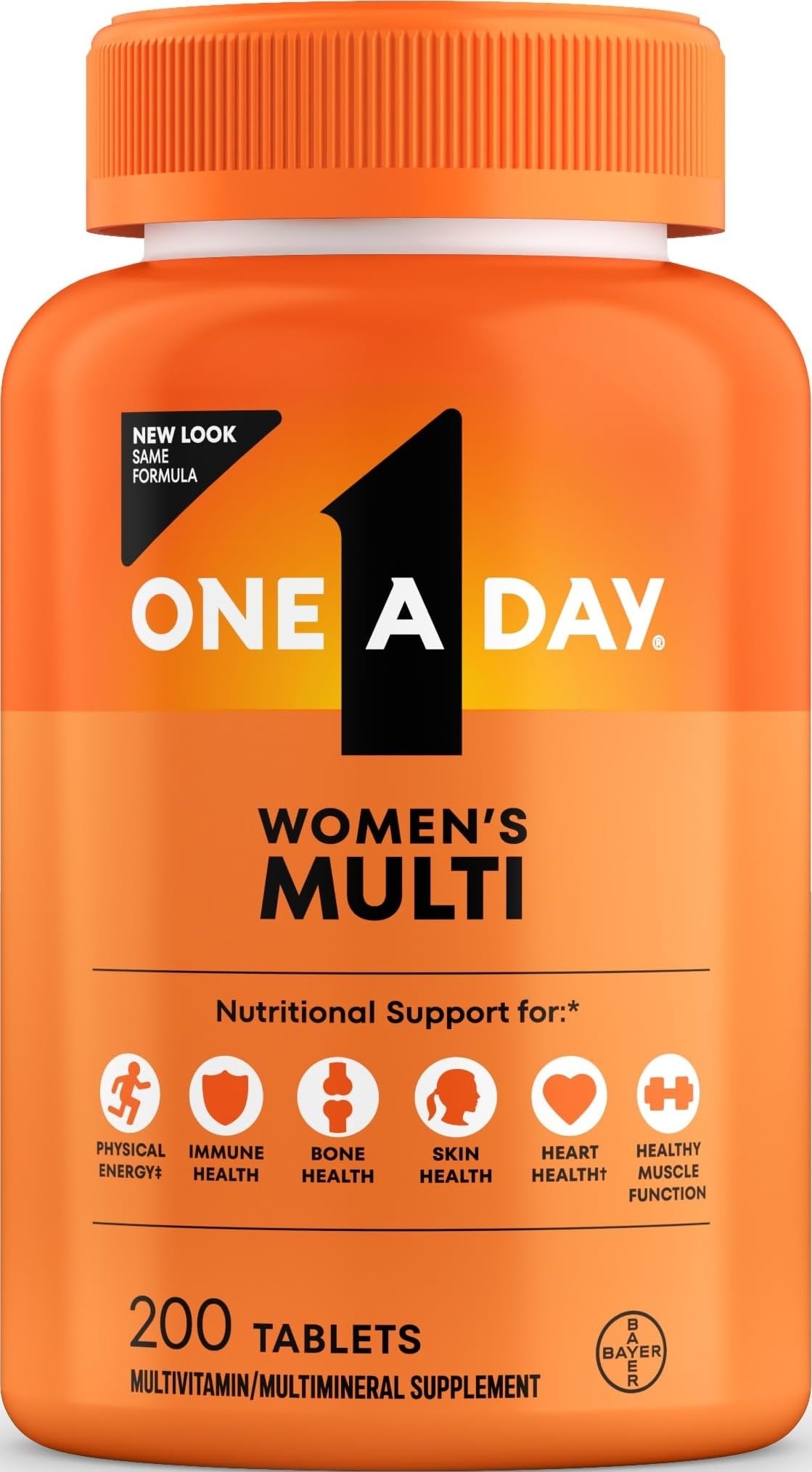 One A Day women’s multivitamin bottle with 200 tablets, showing the label and supplement details on the packaging.