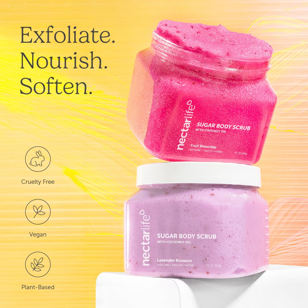 Nectar Bath Treats Sugar Scrub, Exfoliating Body Scrub (16 Ounce, Vanilla) – back view and specifications