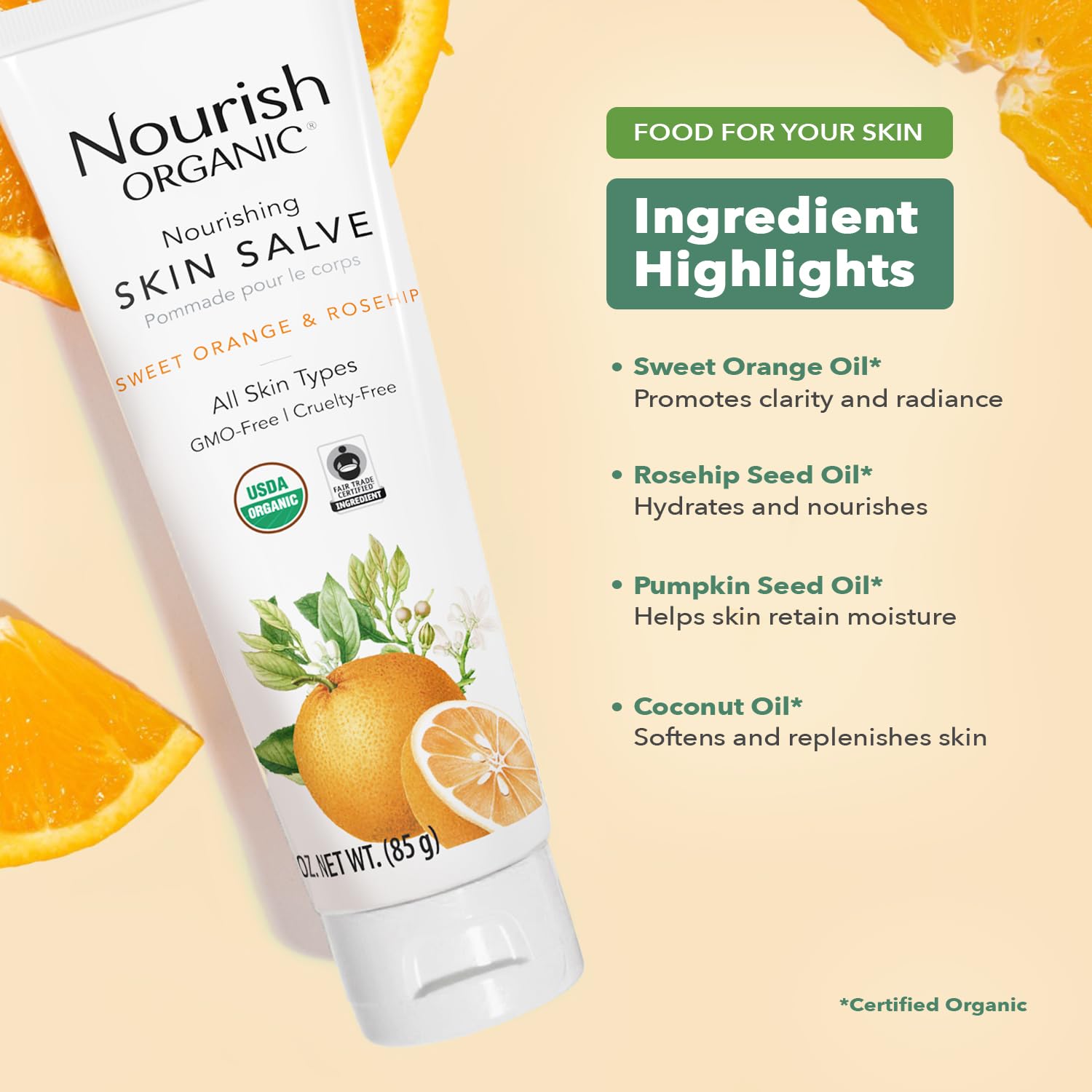 Nourish Organic Skin Salve, Sweet Orange & Rosehip – Nourishing Body Lotion with Coconut Oil, Shea Butter & Cocoa Butter, 3.7 Oz + Washable Cotton Round.