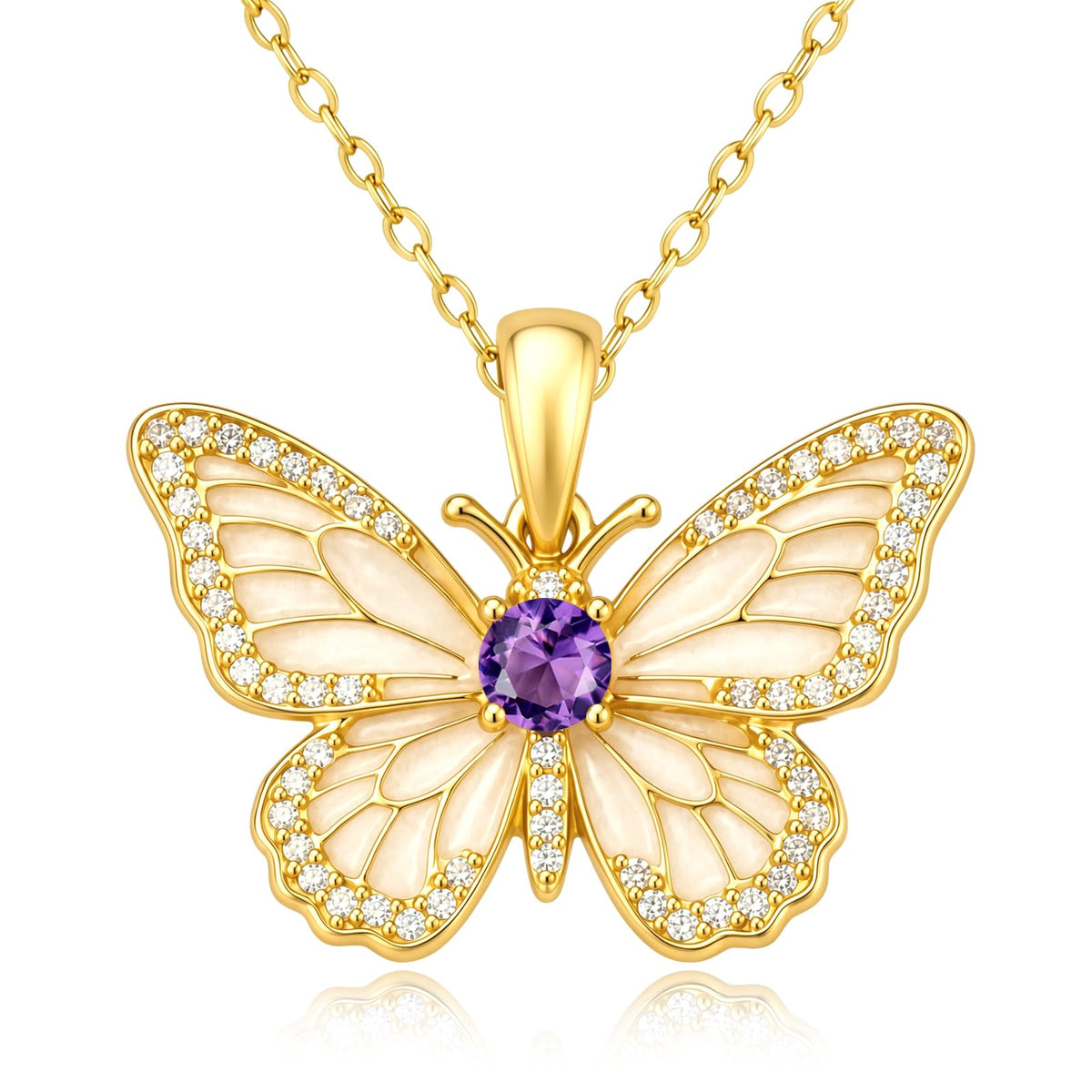 KINGWHYTE Birthstone Butterfly Necklace 925 Sterling Silver for Women – Gold, Sterling Silver, 23mm*15mm