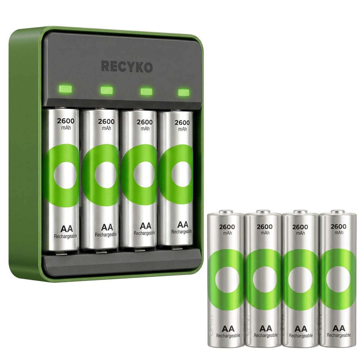 NiMH Battery Charger AA Battery with Charger 8 Pack 2600mAh - RECYKO Official Imagery - 2