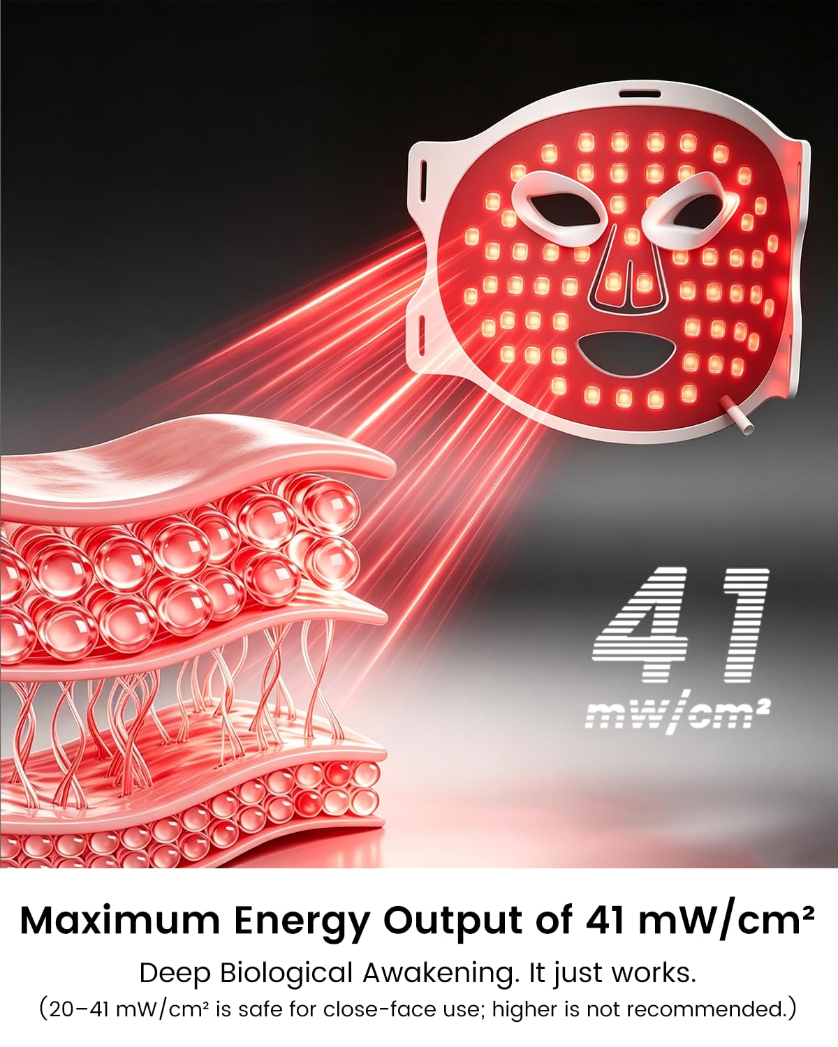 Luzeyo Red Light Therapy Mask for Face,850nm NIR, Red/Yellow/Blue LED Light – back view and specifications