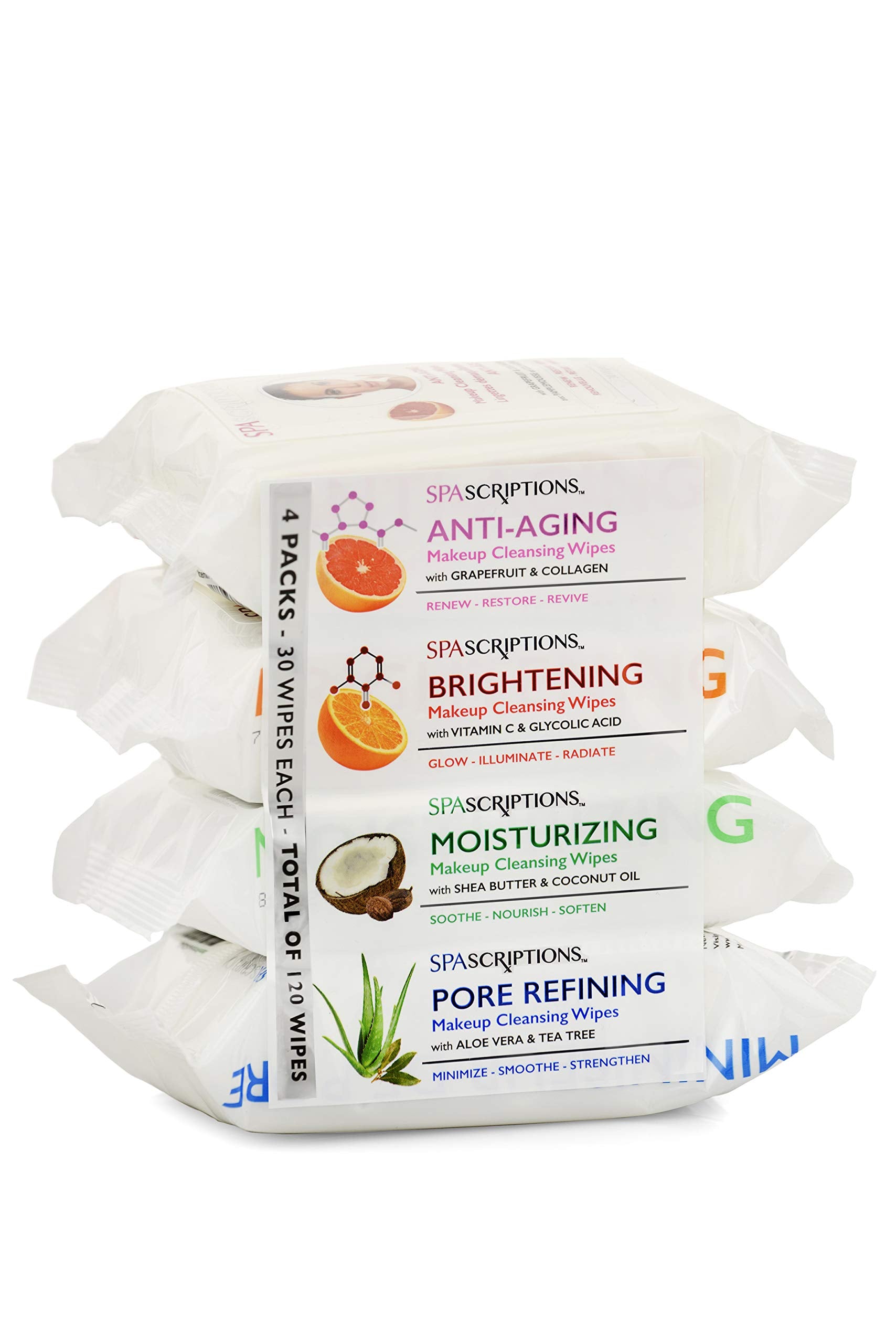 SpaScriptions Makeup Cleansing Wipes 30 CT, Variety 4 pack,02786 - Product Imagery