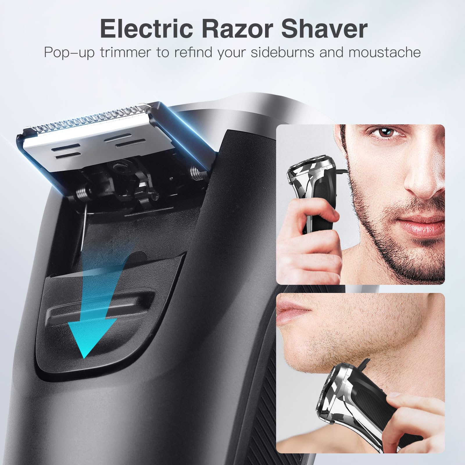 YIRISO electric shaver for men with rotary blades and 9000 RPM motor, sleek black design for smooth shaving.