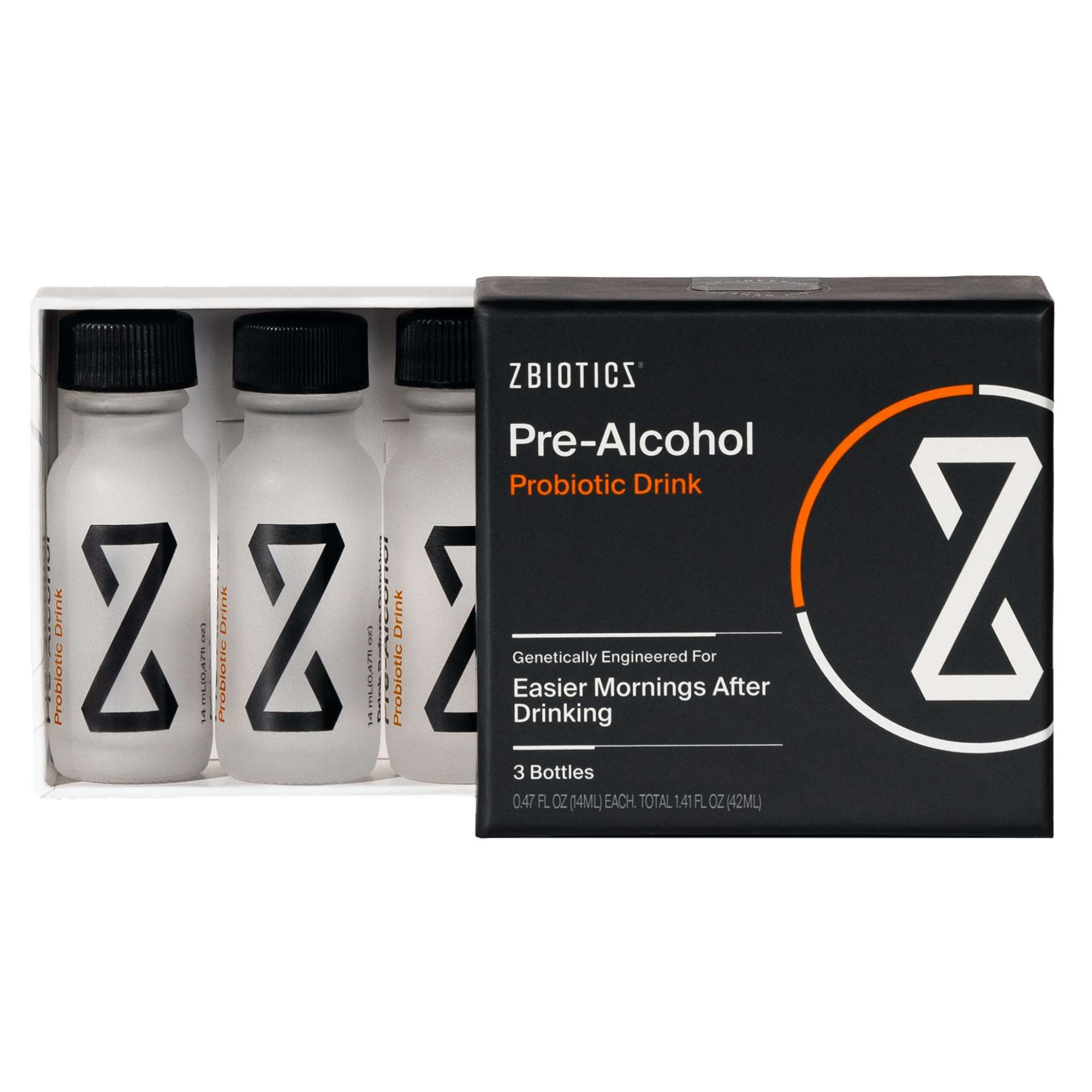 ZBiotics pre-alcohol probiotic drink 3-pack bottles, dietary supplement for digestive support before drinking alcohol.
