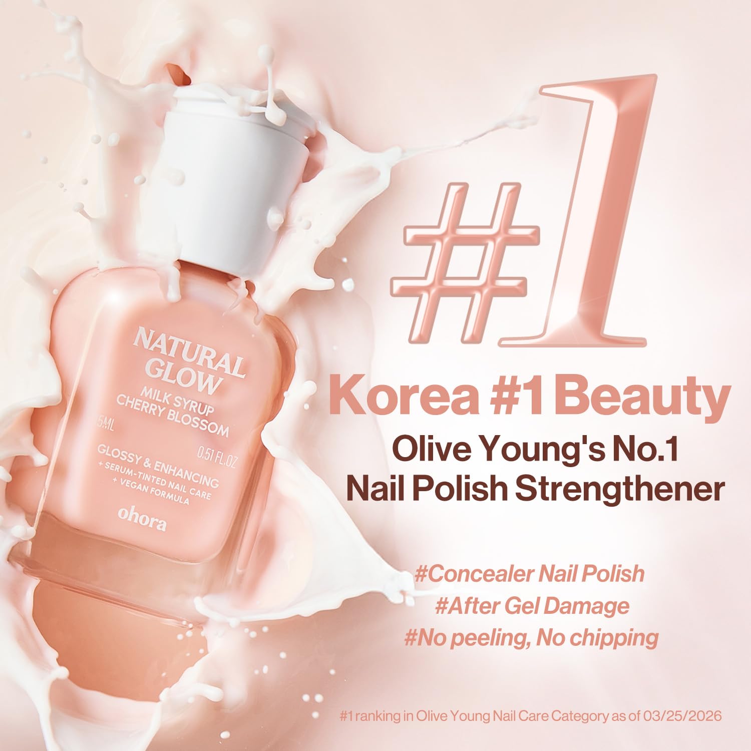 ohora Natural Glow Milk Syrup Nail Strengthener (Cherry Blossom) - Tinted Nail Hardener for Brittle, Damaged Nails, Quick-Dry Glossy Finish, Nail Repair & Growth, 15 mL