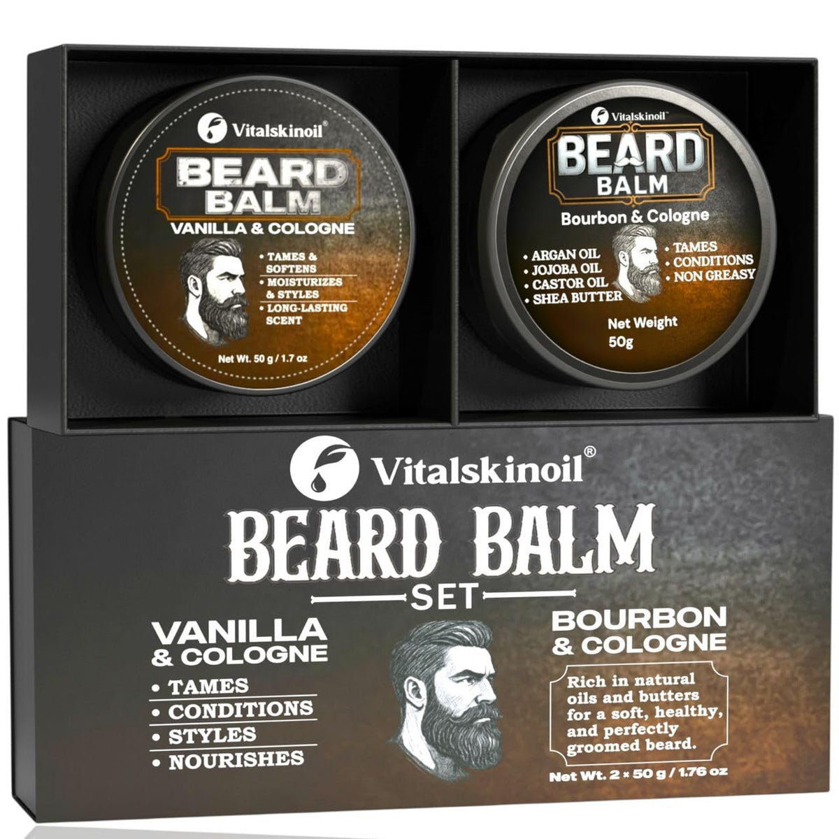 VITALSKINOIL Beard Balm Set for Men, Sandalwood & Cologne Scented, 2-Pack Set Pair – product photo (Beard Conditioners &