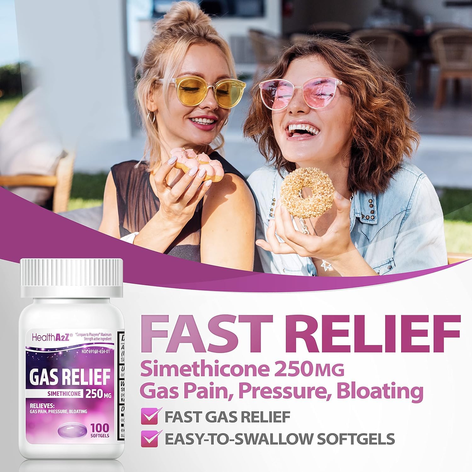 HealthA2Z® Gas Relief, Simethicone 250mg, Max Strength, 100 Purple Softgels