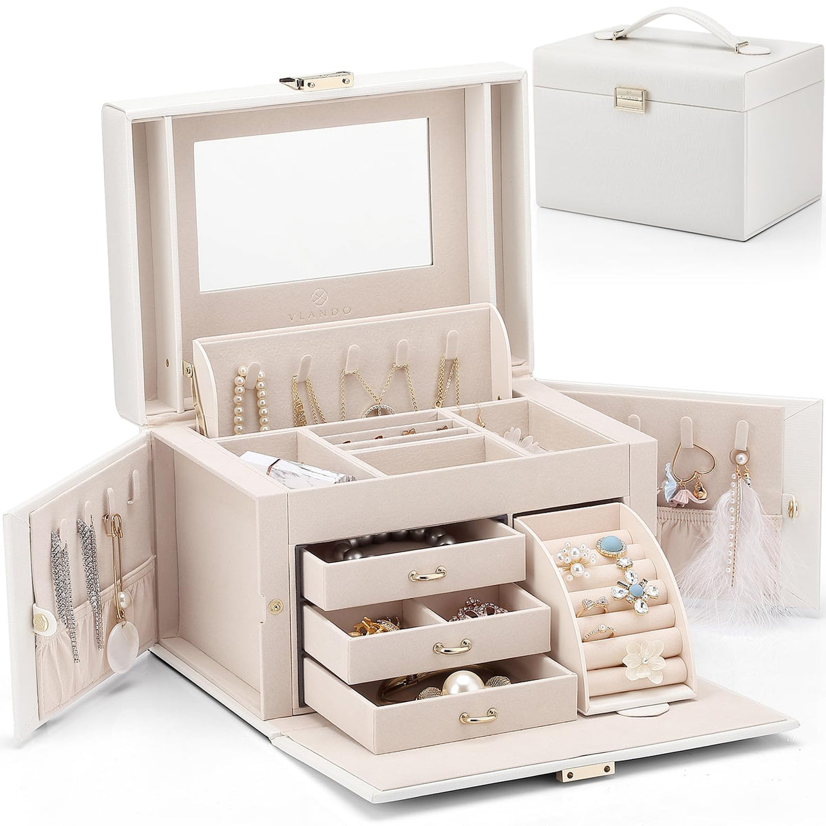 VLANDO Jewelry Boxes & Organizers with Mirror and 3 Drawers,White – A.White, Faux Leather