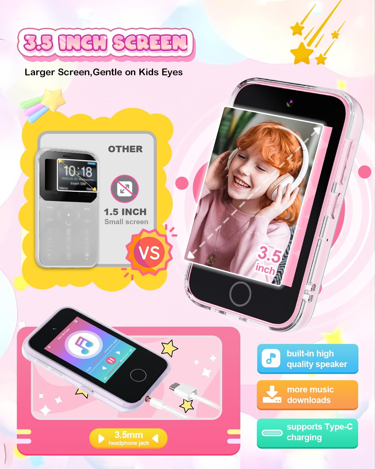 Meetrye Kids Smart Phone,3.5" Touchscreen Learning Toy Phone for Girl,Pink – full view, size Medium