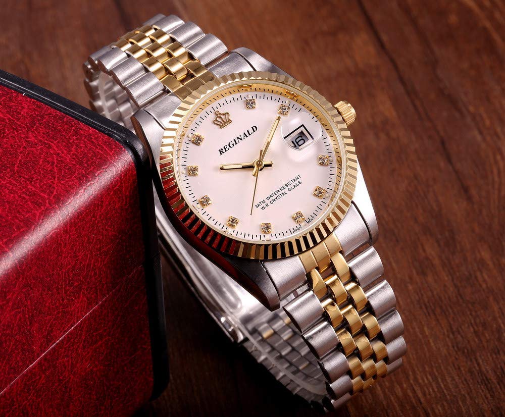 FANMIS Luxury Unisex Gold Crystal Quartz Calendar Gold Tone Stainless Steel Watch (White) – full view