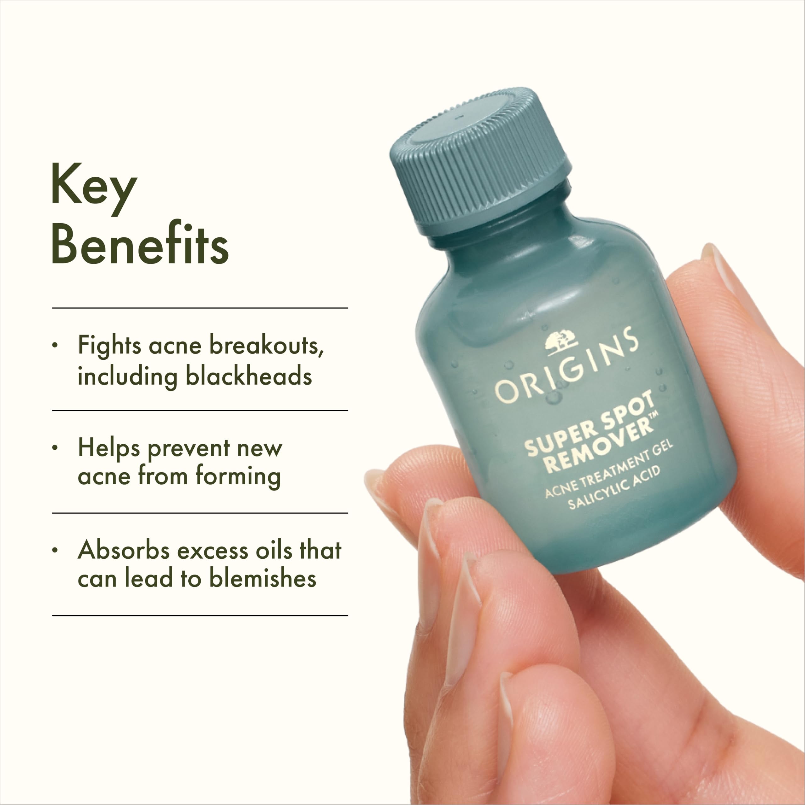 Origins Super Spot Treatment for acne with salicylic acid, showing the clear gel in a small 0.3 fl oz tube.