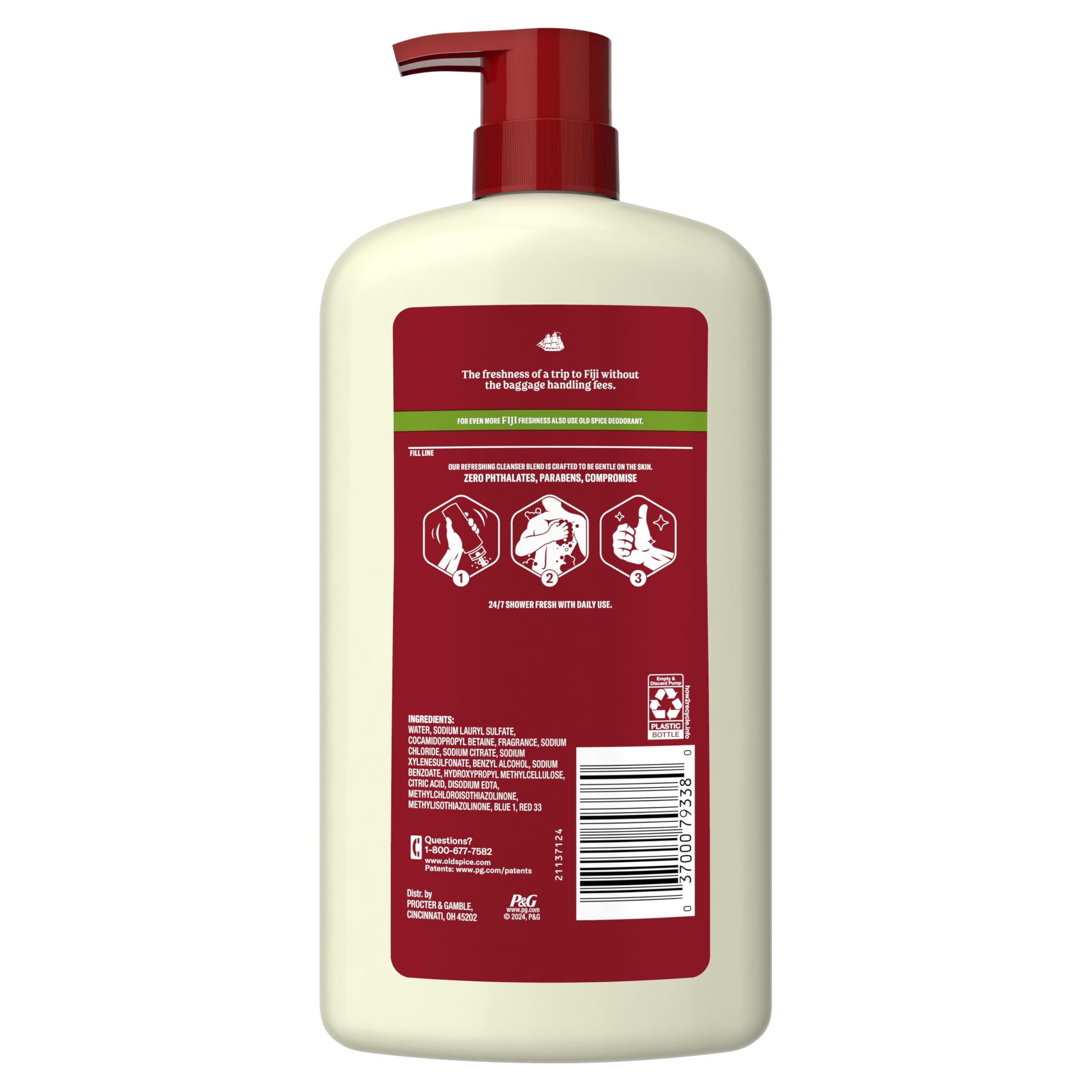 Old Spice Body Wash for Men, 24/7 Shower Fresh scent, Fiji with palm and coconut, 25 oz bottles, pack of four, skin cleansing and refreshing.