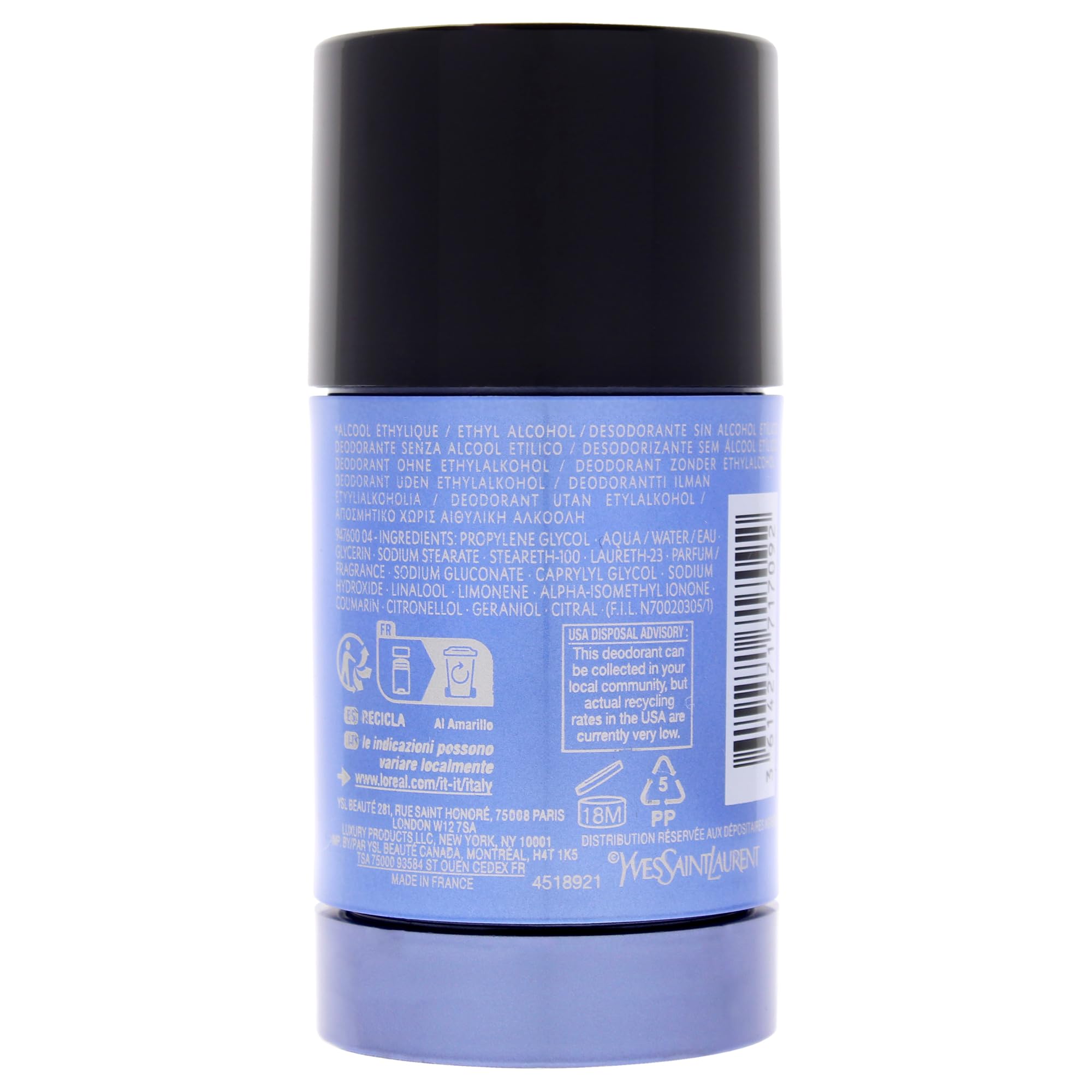 Yves Saint Laurent Y for Men deodorant stick, 2.6 oz, body deodorant with sleek black packaging and silver accents.