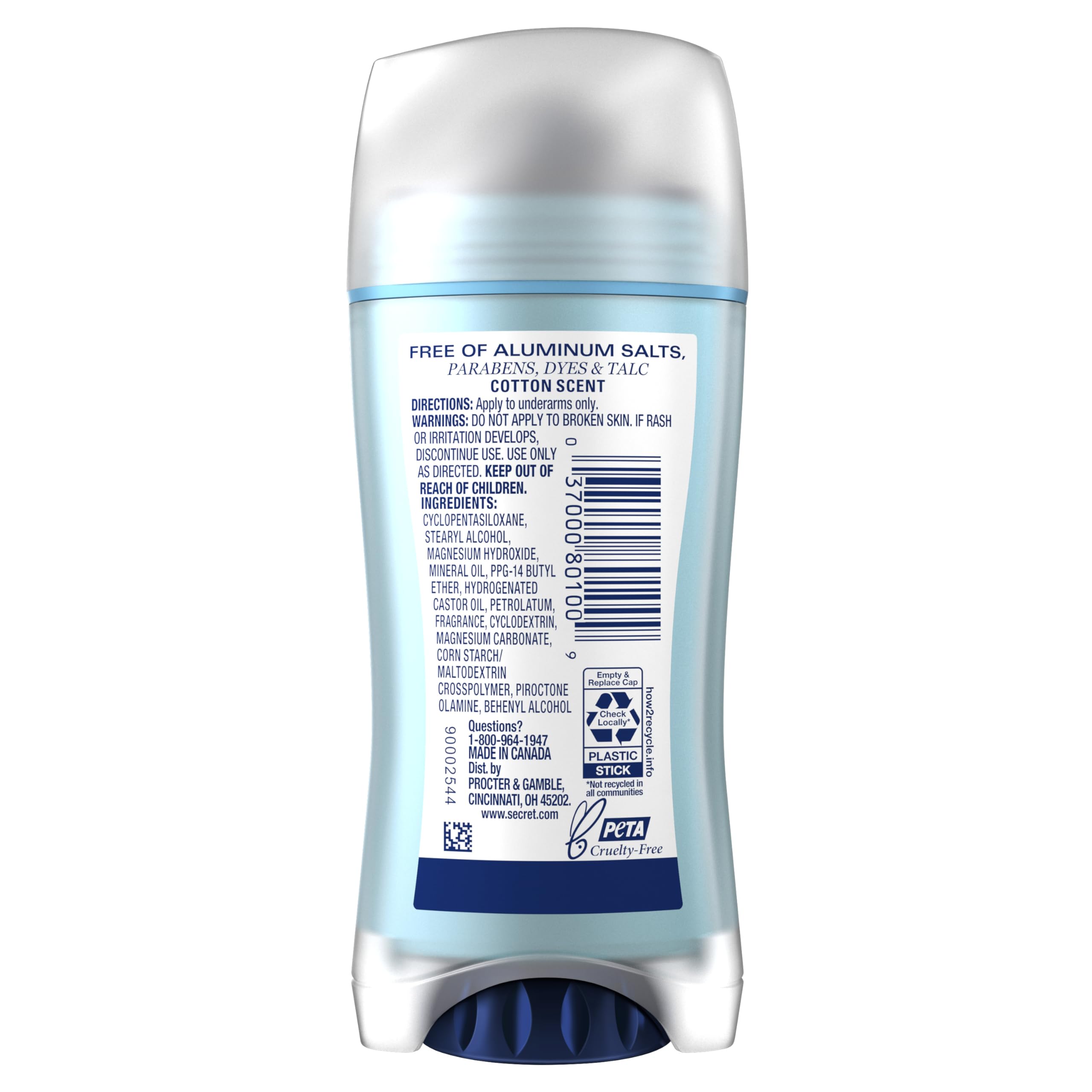 Secret aluminum-free deodorant for women in cotton scent, 2.4 oz, with a sleek stick design and fresh, clean packaging.