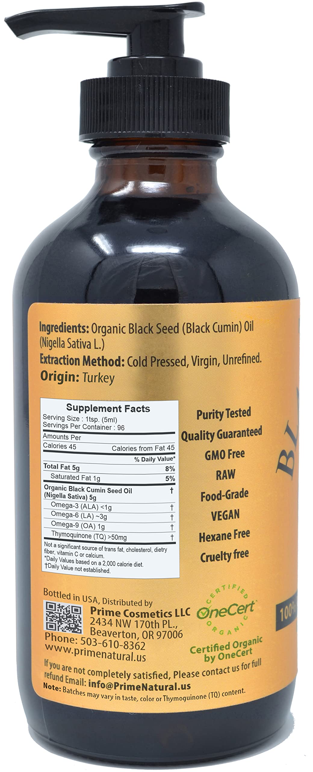 PRIME NATURAL Organic Black Seed Oil Cold Pressed Black Cumin Seed Oil 16oz