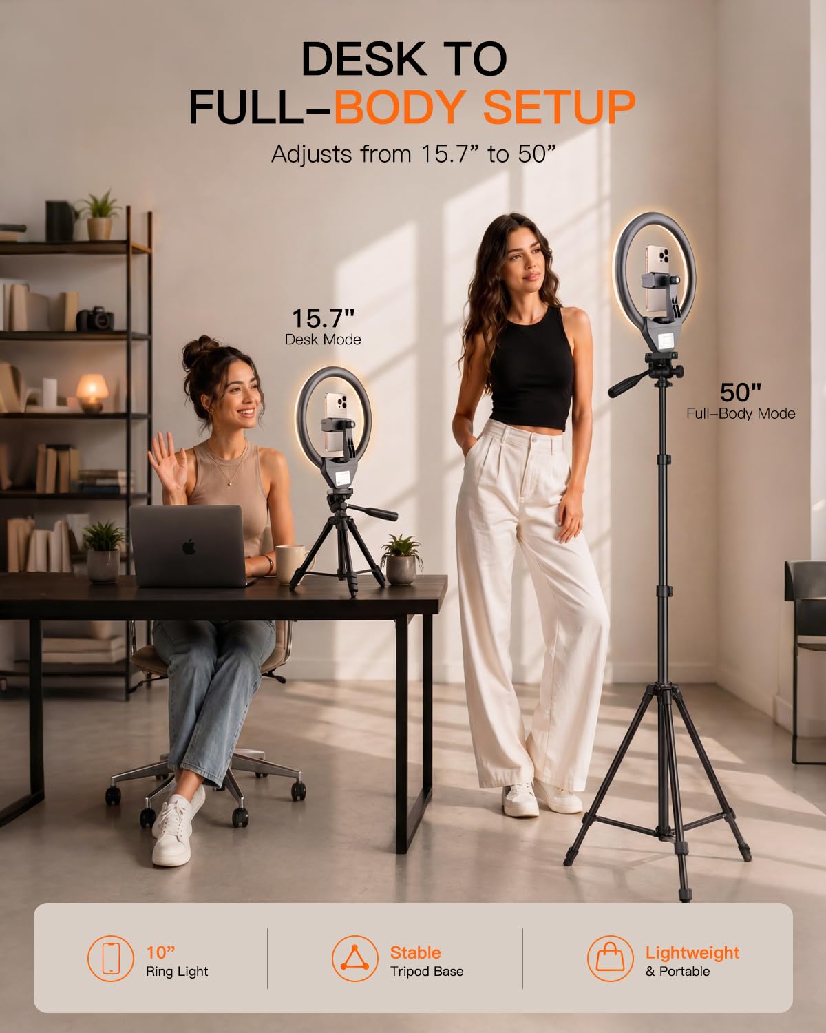 SENSYNE Ring Light with Stand, 50" Phone Tripod with Wireless Remote – back view and specifications