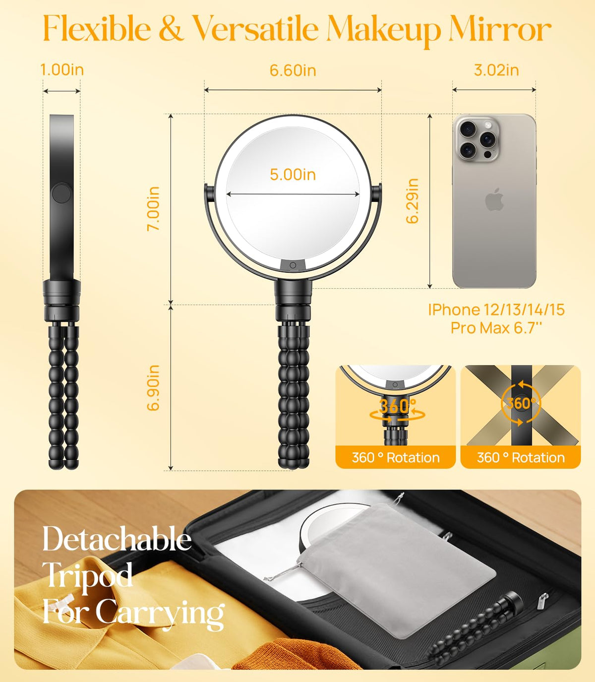Gospire 5.85” Tripod Travel Makeup Mirror with Light and Magnification – Black, 5.85 inches