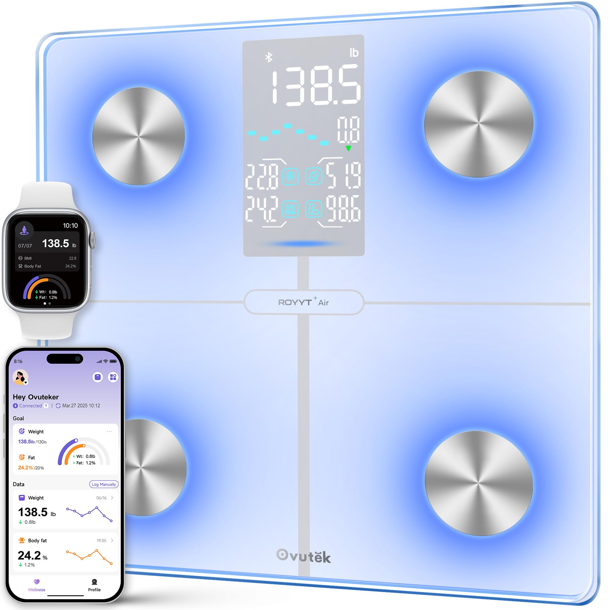 Ovutek smart digital scale displaying weight, BMI, and muscle mass with color-changing display on a modern white background.
