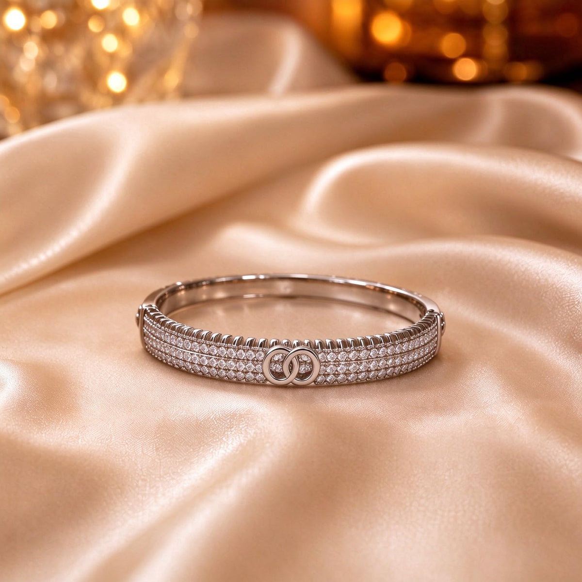 S925 Sterling Silver Interlocking Double C Hinged Bangle Bracelet, Triple Row Paved Cubic Zirconia Slim Cuff Luxury Eleg