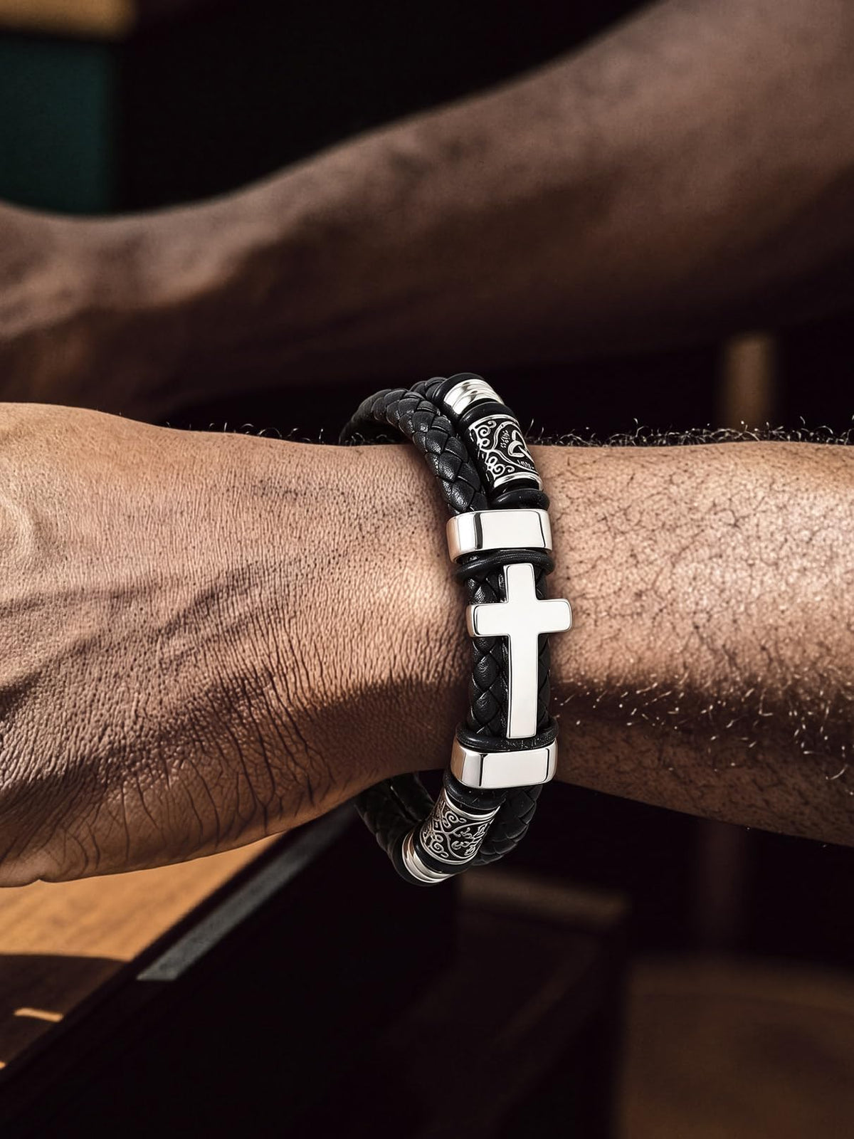 Bandmax Premium Timeless Men's Cross Braided Cord Cuff Bracelet, 7"/8"/9" – full view, size Medium