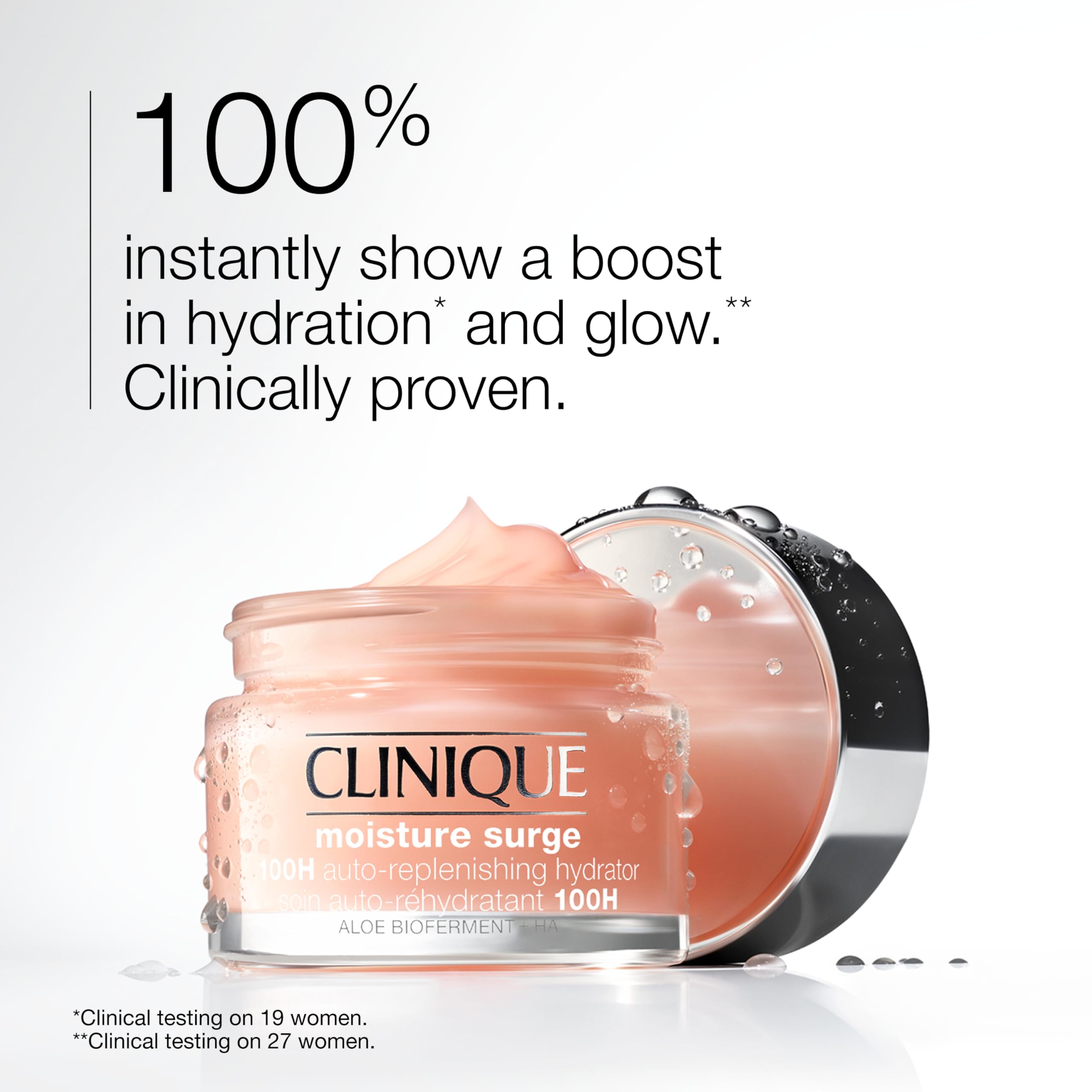Clinique Moisture Surge 100H mini travel size skin moisturizer with hyaluronic acid, aloe bioferment, and vitamins C and E.