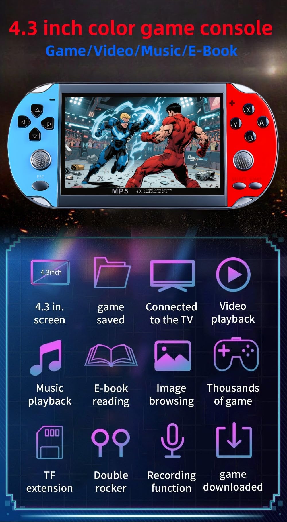 JXD Colorful Retro Video Game Console 4.3 inch Sreen 8GB Built-in 4000 Games Handheld ArcadeGame Console mini Portable G