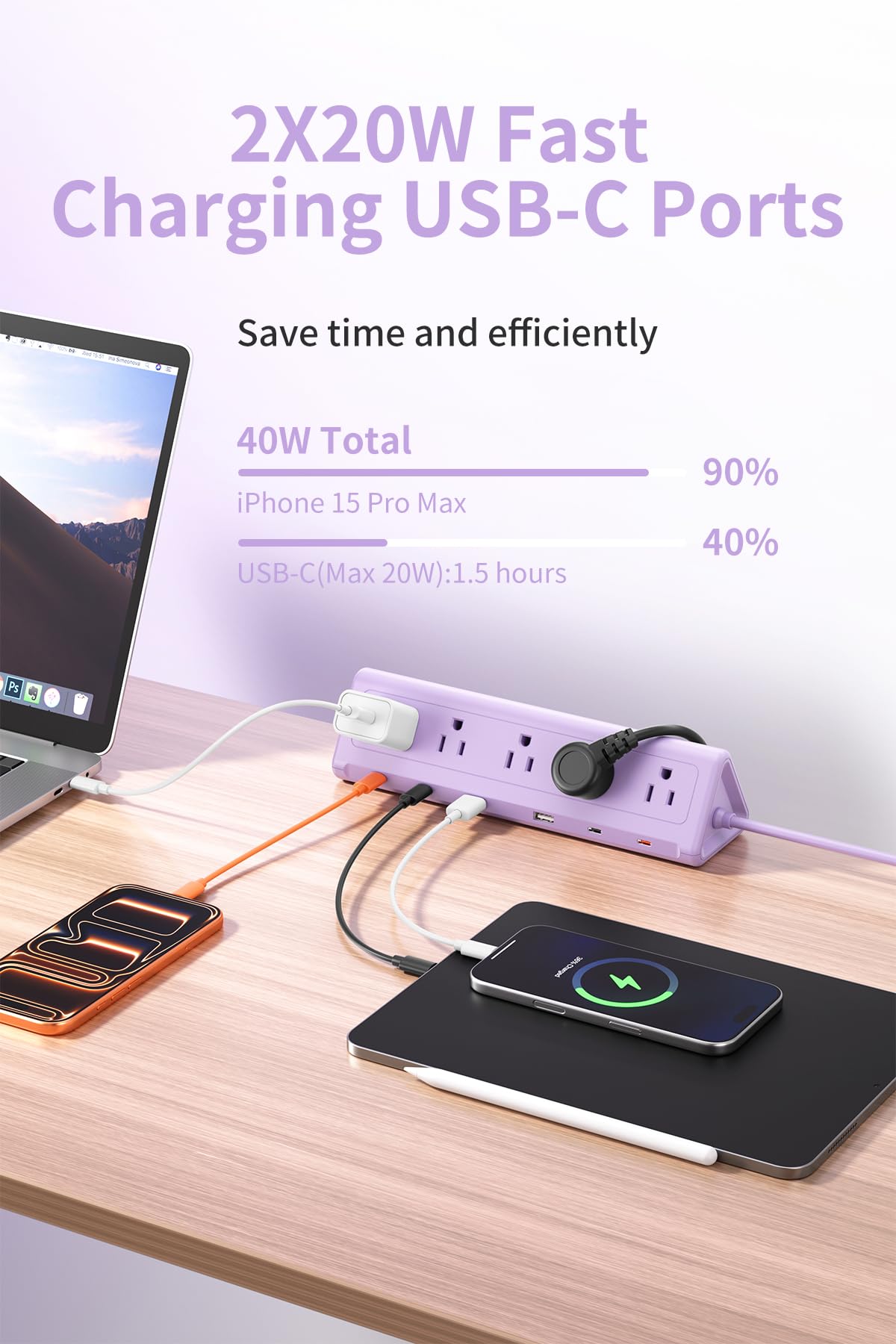 SMALLRT Purple Desk Clamp Power Strip with 6.5 FT Extension Cord, PD 40W USB-C Fast Charging Ports, 5 AC Outlets 4 USB-C