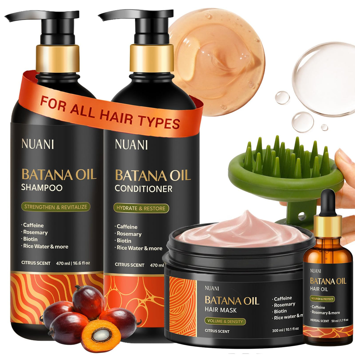 Nuani Batana Oil Shampoo and Conditioner Set (16 fl oz / 470 ml) with Rosemary & Caffeine | Includes Deep Mask, Hair Oil