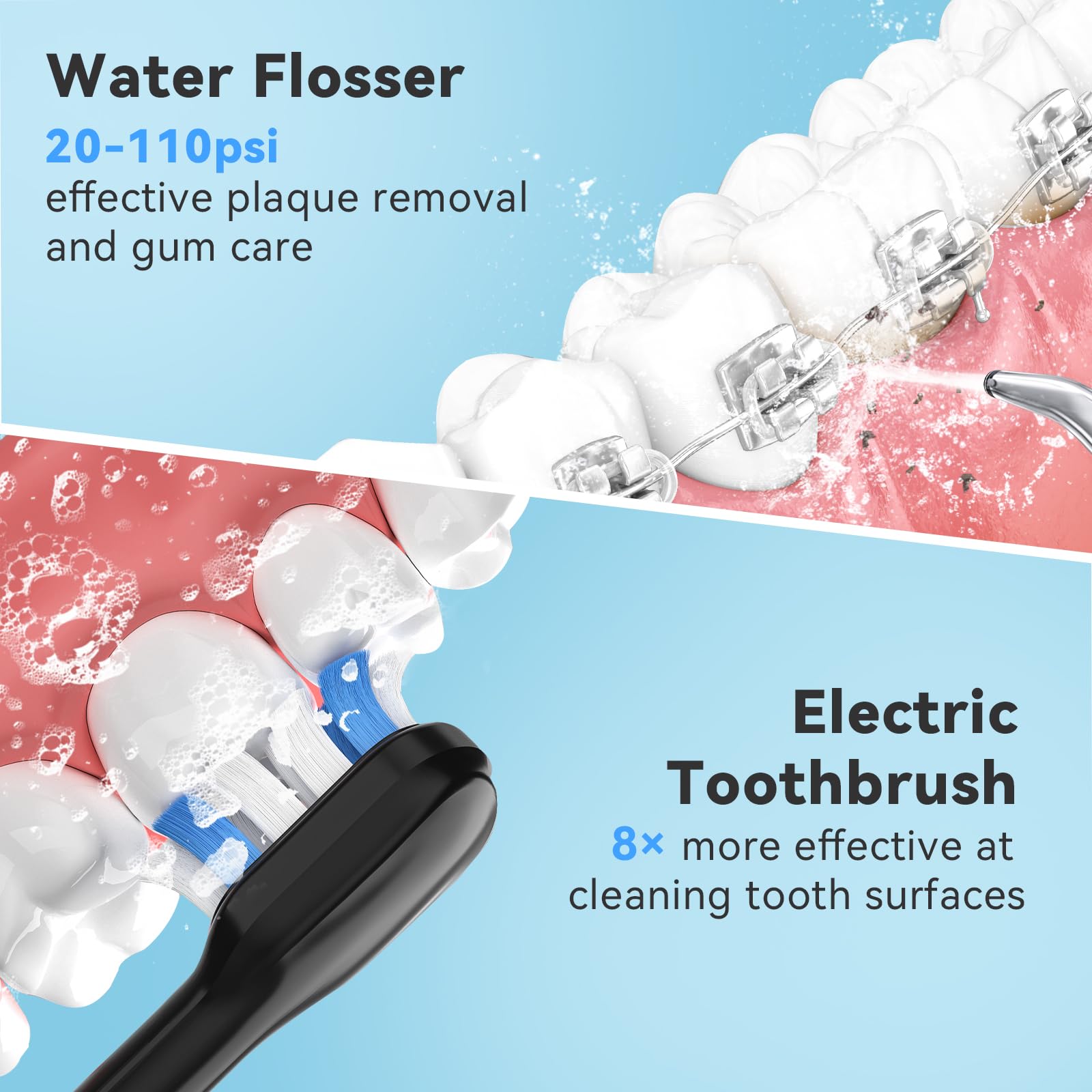 H2ofloss 2-in-1 water flosser and electric toothbrush combo, oral irrigator with water jet and toothbrush heads for dental cleaning.