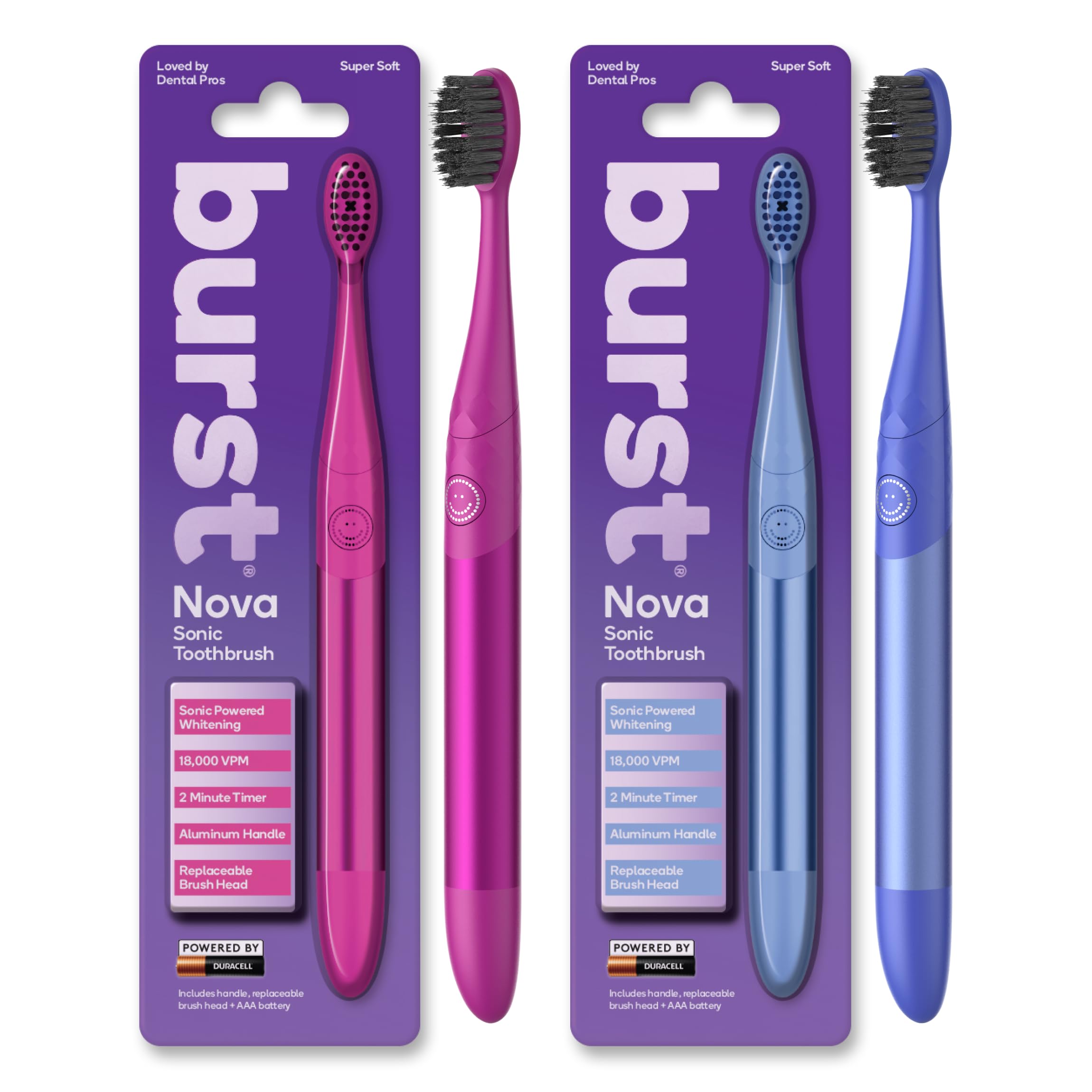 Burst Nova sonic toothbrushes in pink and blue, showing dual-pack with sleek handles and whitening bristle heads.