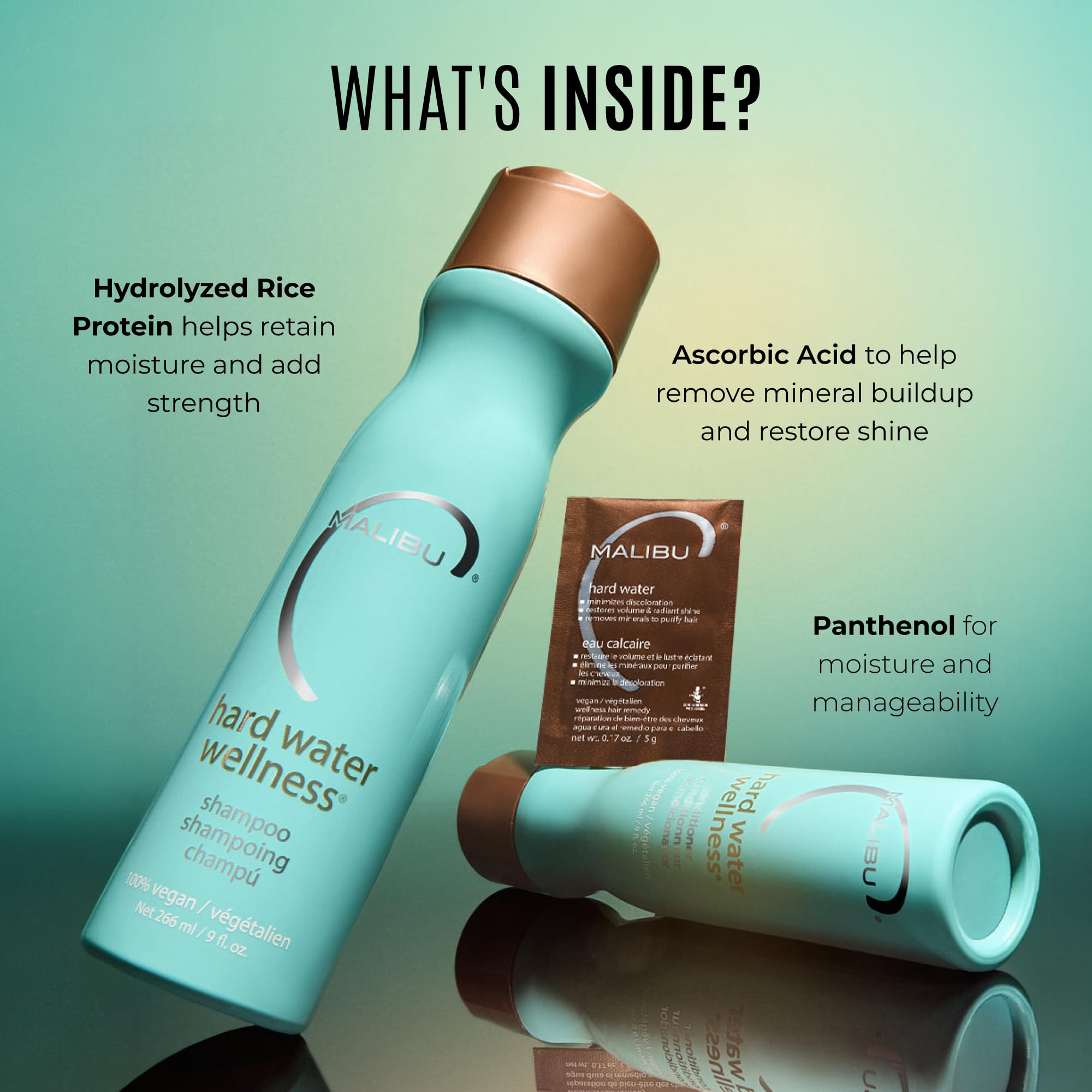 Malibu C Hard Water Wellness Conditioner packet, hydrating hair care for removing deposits and impurities from hard water.