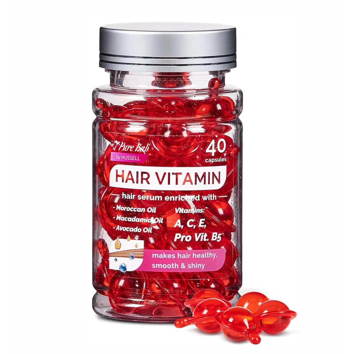 Hair Oil Capsules - Hair Vitamins A, E, & Pro B5 - Serum Enriched with Argan Oil, Macadamia, Avocado Oils & Moroccan Oil for All Hair Types Frizzy, Dry, Curly - For Women & Men (40 Capsules)