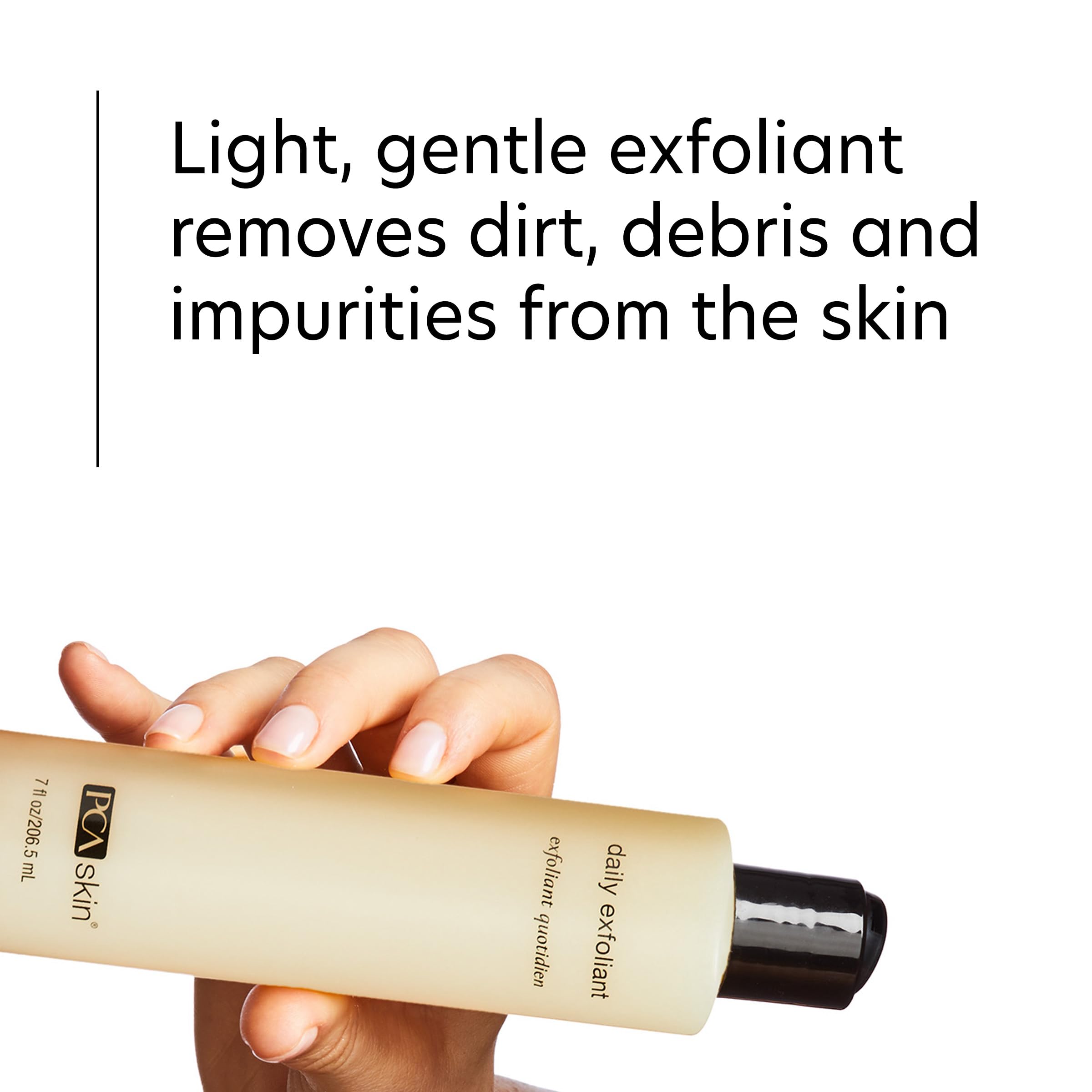 PCA SKIN Daily Face Exfoliant Cleanser in 7 oz bottle, showing the product with a clear label and pump dispenser on a white background.