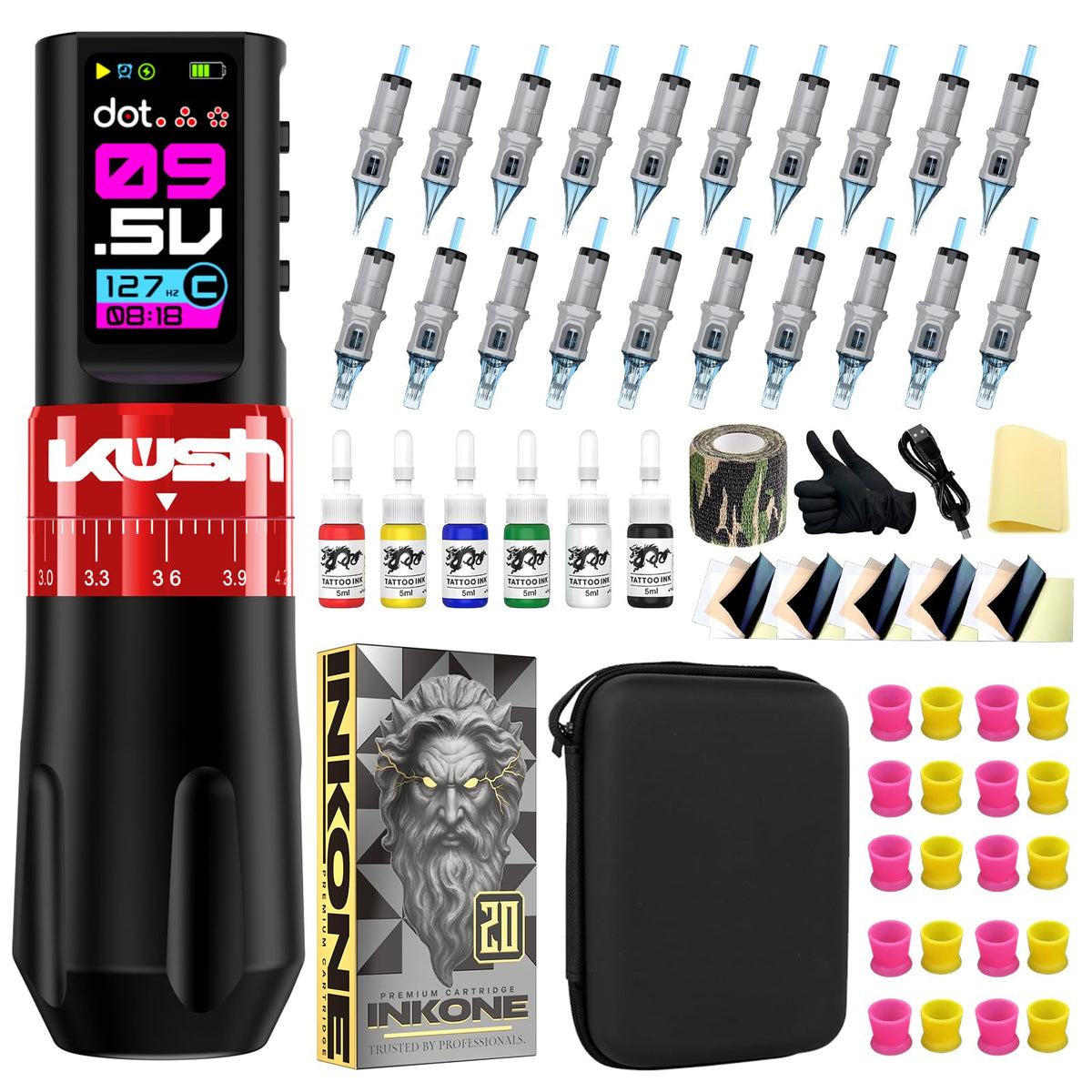 INKONE Tattoo Gun Kit, Tattoo Gun Kit for Beginners with 2000mAh Battery 7 Stroke Lengths 20PCS Cartridge Needles, Wirel