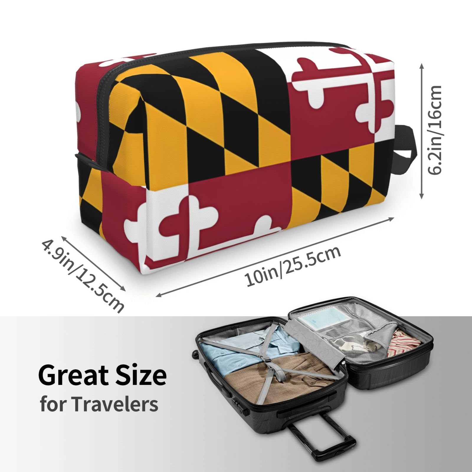 SXZVVBN Maryland flag travel toiletry bag with large capacity, durable Oxford cloth, and multiple compartments for cosmetics and essentials.