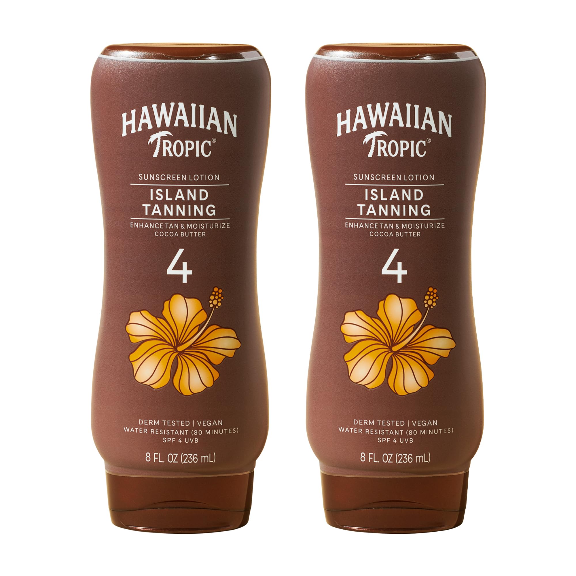 Hawaiian Tropic Island Tanning Lotion SPF 4, 8 oz, two bottles of self-tanner with tropical packaging and golden lotion inside.