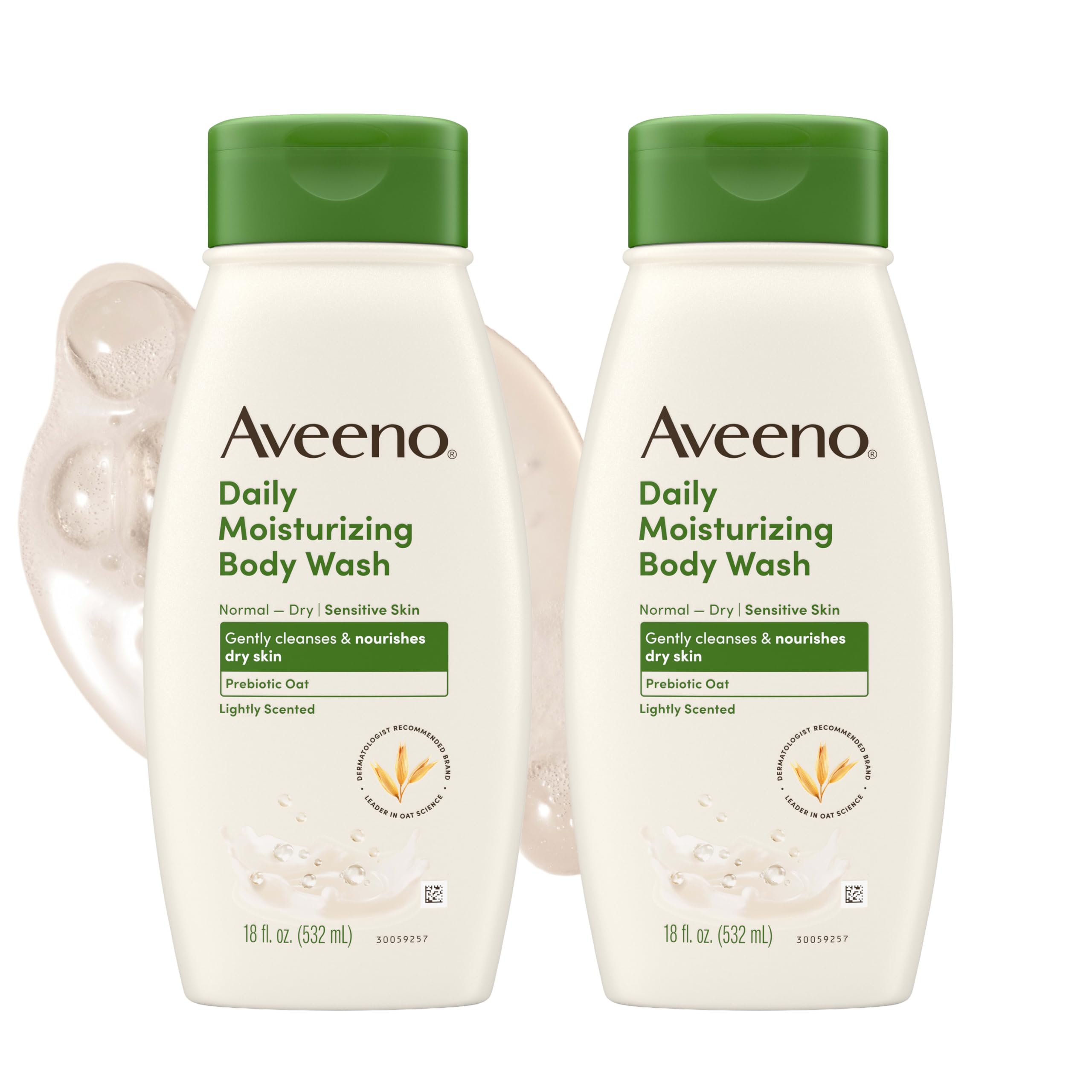 Aveeno Daily Moisturizing Body Wash with prebiotic oat, 18 fl oz, in a two-pack, showing the product bottles with label details.