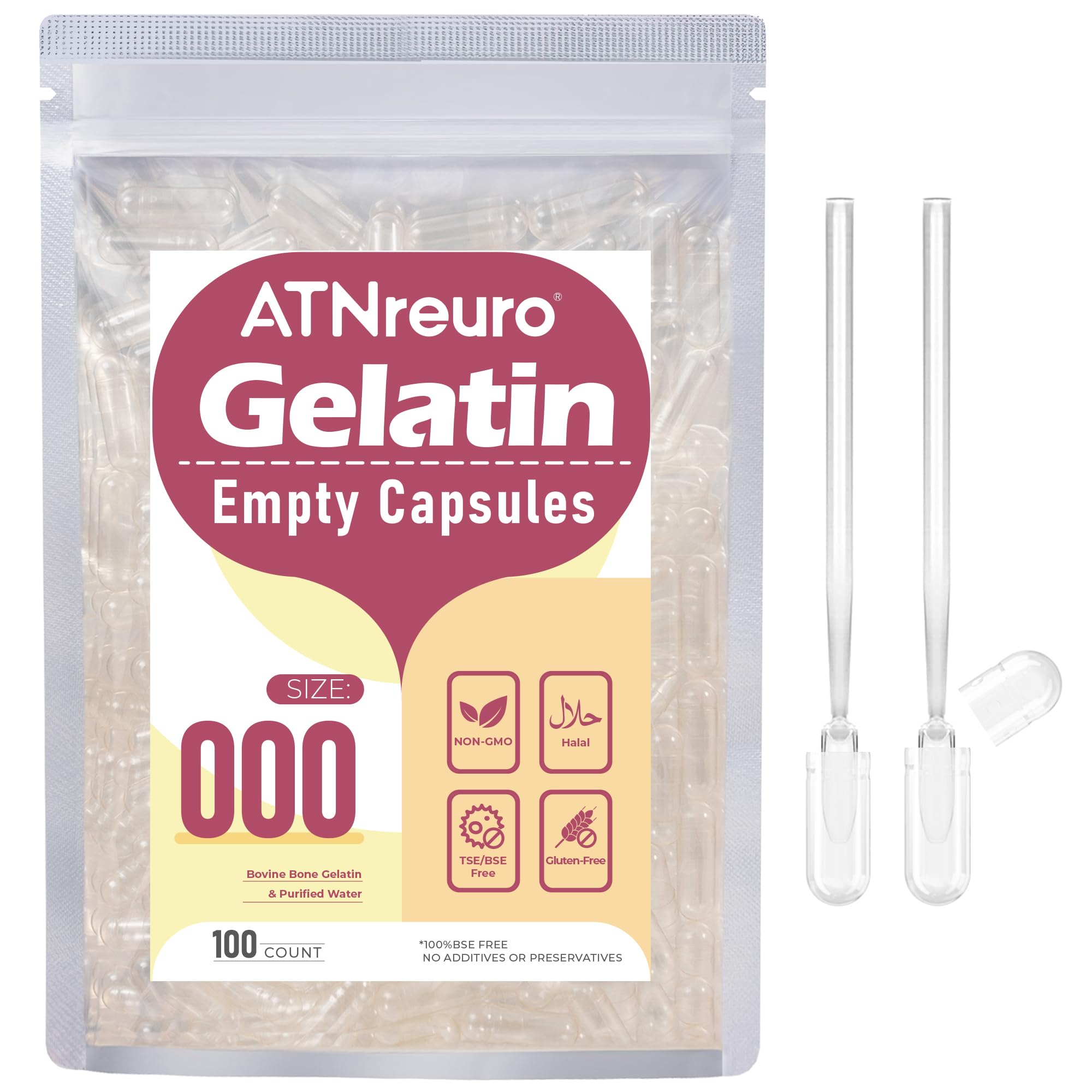 Size 000 Empty Gelatin Capsules with 2 Micro Spoons - 100 Count - Product Imagery