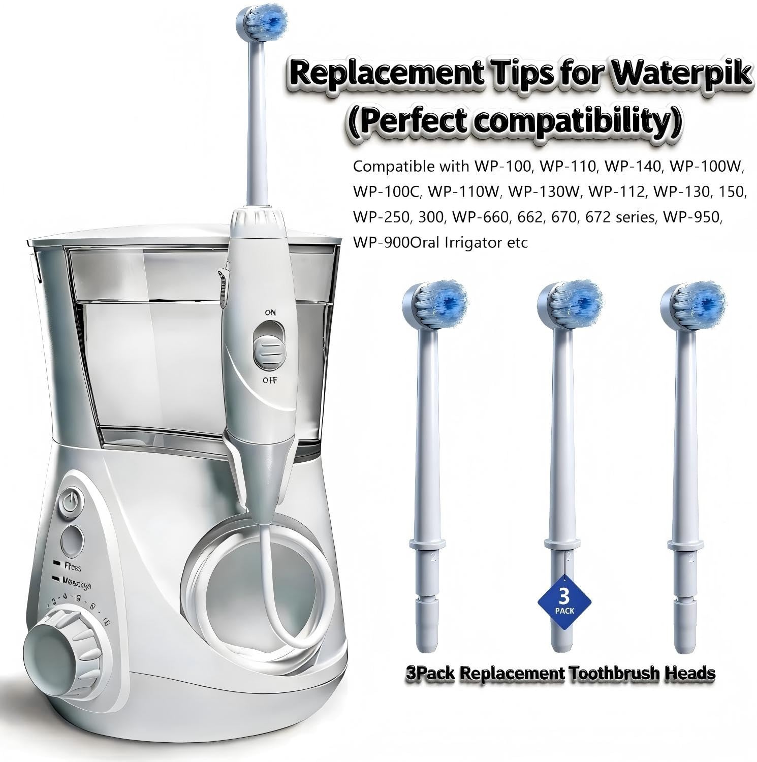 JDHAVMOS Waterpik compatible replacement brush heads for oral irrigator, 3-pack, with soft bristles for effective dental cleaning